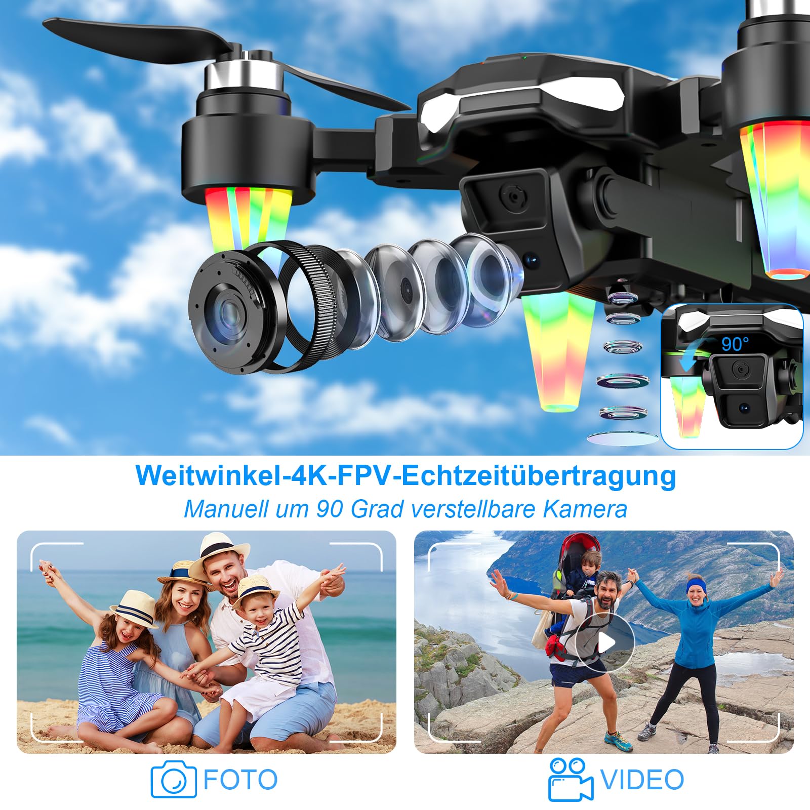 Drohne mit Kamera 4K, GuKKK Mini Drohne mit 2 Kameras HD, Faltbare FPV Drone Live Übertragung, Kamera Elektrisch Verstellbarer mit 2 Batterien,RC Drones WiFi FPV Übertragung Quadcopter für Anfänger
