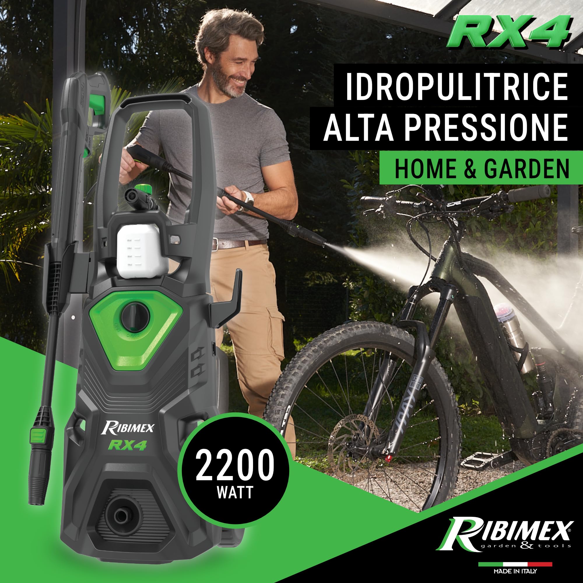 Ribimex Idropulitrice ad Alta Pressione RX4, 2200W, 160 Bar, 480 L/h, Getto Regolabile, Serbatoio Detergente 550 mL, Tubo da 5 m, Protezione IPX5, Arresto Automatico, Avvolgitubo Integrato - PRNHP04