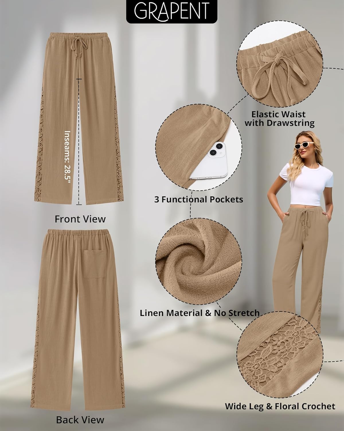 GRAPENT Linen Pants Women Wide Leg High Waisted Crochet Panel Pull On Elastic Waist Casual Summer Beach Vacation Pants - Image 4