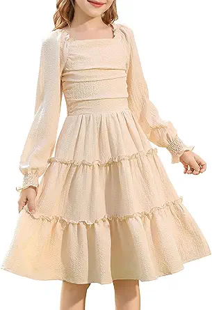 HOZIY Girls Long Sleeve Dress Ruched Smocked Tiered Ruffle A-Line Casual Boho Teen Dresses with Pocket Size 6-16 Years