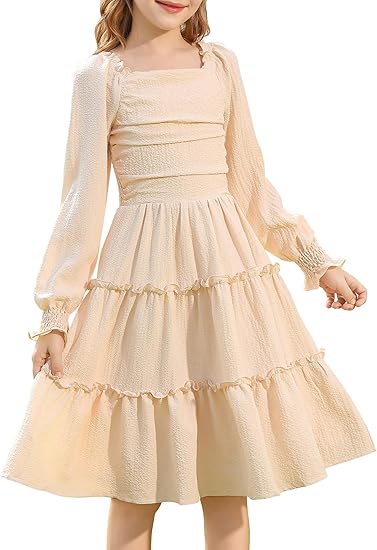 HOZIY Girls Long Sleeve Dress Ruched Smocked Tiered Ruffle A-Line Casual Boho Teen Dresses with Pocket Size 6-16 Years