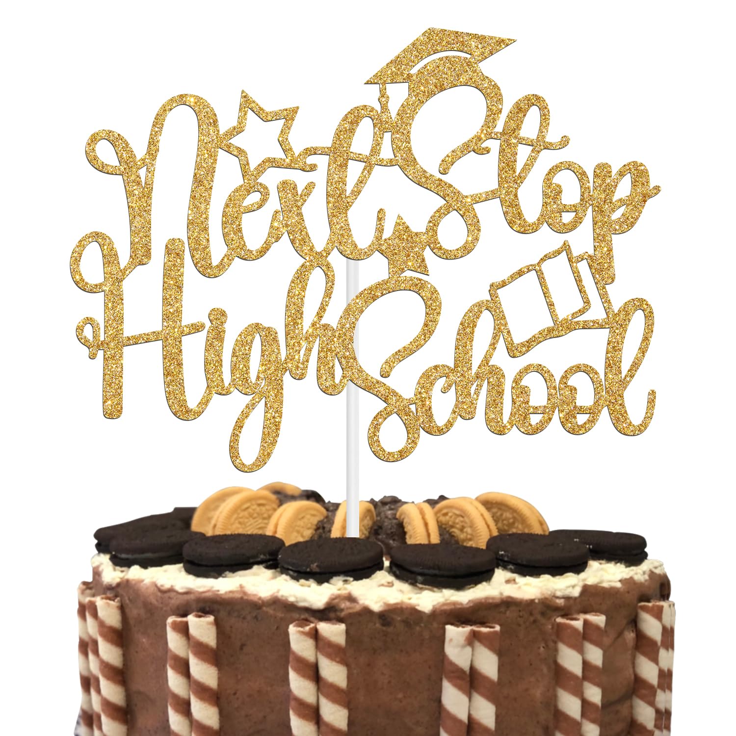 Next Stop High School Cake Topper, 8th Grad Grade Cake Decor, 2025 Meddile School Graduate Graduation Party Decorations Supplies, Gold Glitter