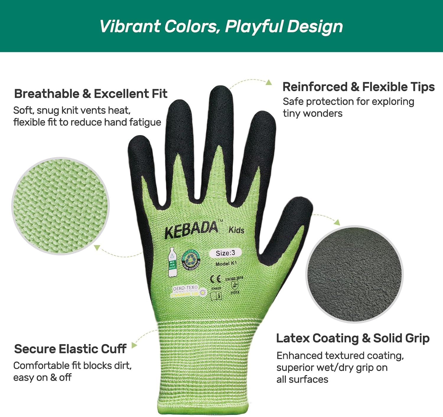 Kebada Toddler Gardening Gloves, Latex Coated, Ages 3-5, 3 Pairs image 2