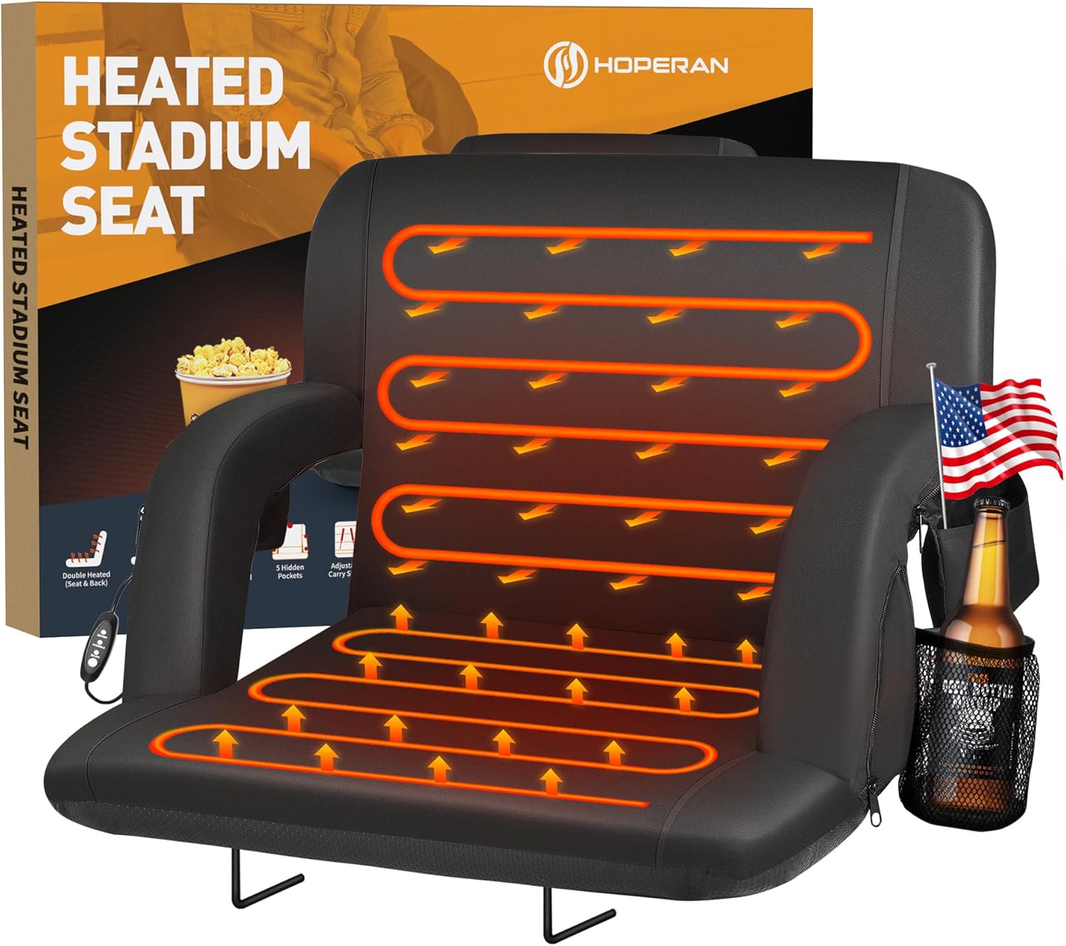 HOPERAN Heated Stadium Seats for Bleachers with Back Support and Wide Cushion, Extra Portable Bleacher Seat Foldable Stadium Chair, USB 3 Levels of Heat, 5 Pockets for Outdoor Camping Games Sports 1pc Black 25"