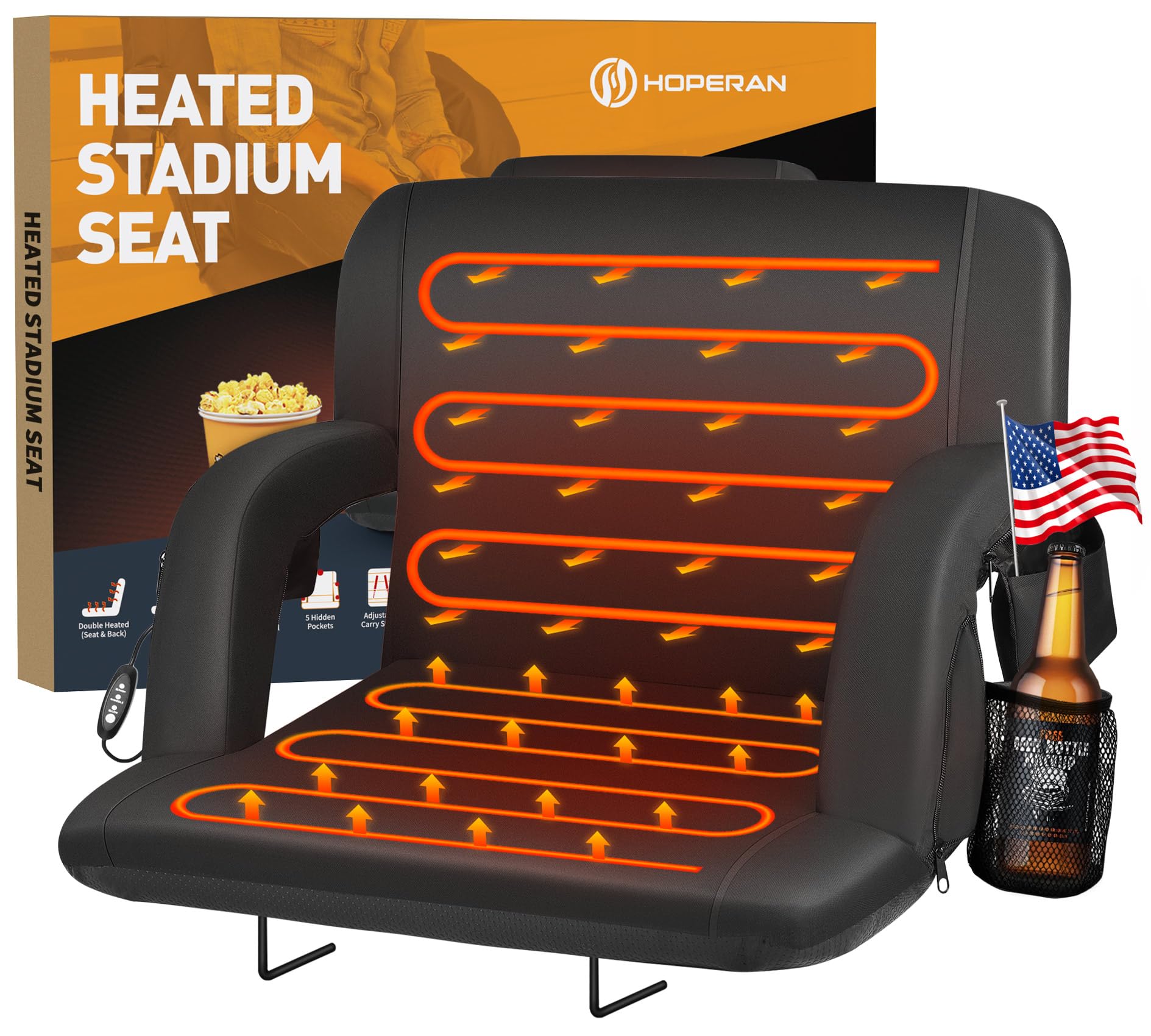HOPERAN Heated Stadium Seats for Bleachers with Back Support Wide Cushion, Extra Portable Bleacher Seat Foldable Stadium Chair, USB 3 Levels of Heat,