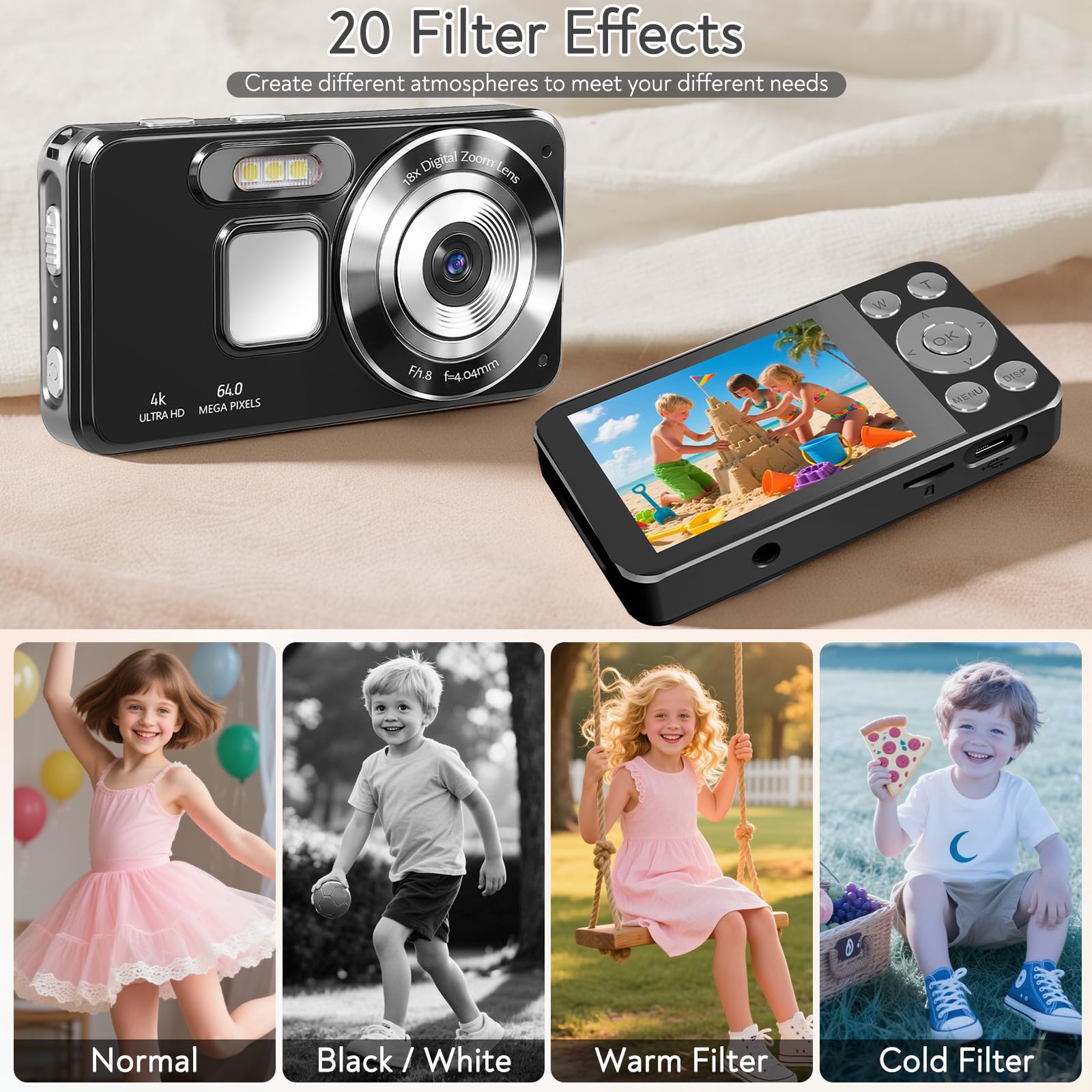 Cámara Digital 4K Cámara de Fotos HD 64MP Cámara Digital Compacta con Pantalla LCD de 2,8" Zoom Digital 18X Tarjeta SD 32GB Incluida Cámara Portátil para Niños y Principiantes(Rosa-2)