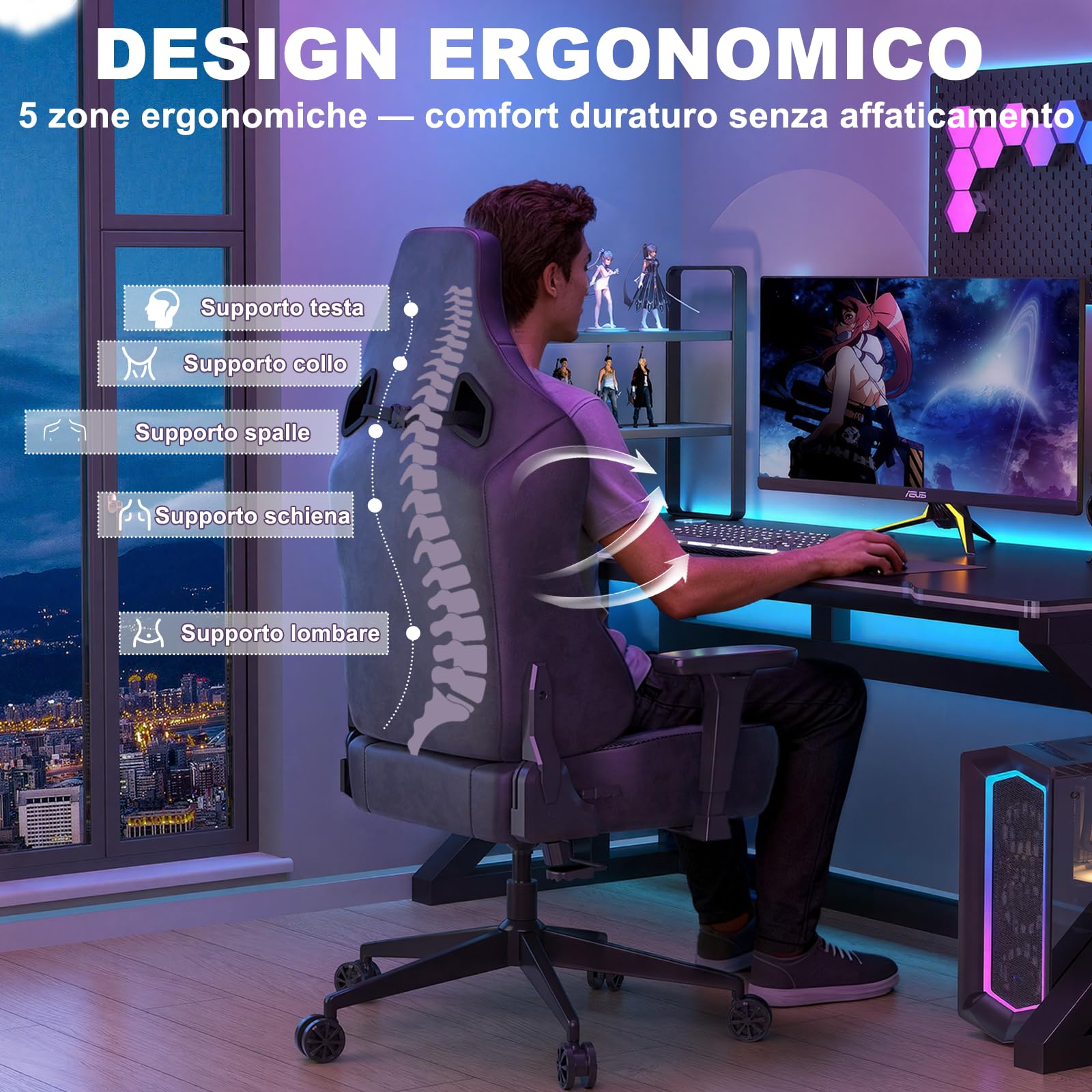 Devoko Sedia da Gaming Ergonomica in Pelle Scamosciata, Poltrona da Ufficio Gamer Reclinabile 90°-135°, Braccioli 3D Regolabili, Base in Metallo, Ruote Silenziose, Portata 180kg, Grigio Antracite
