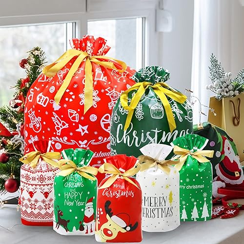 Miniatura 5 de ZMCINER 38 bolsas de regalo de Navidad con cordón de varios tamaños, bolsas de Navidad con cordón para regalos de Navidad, regalos de vacaciones,