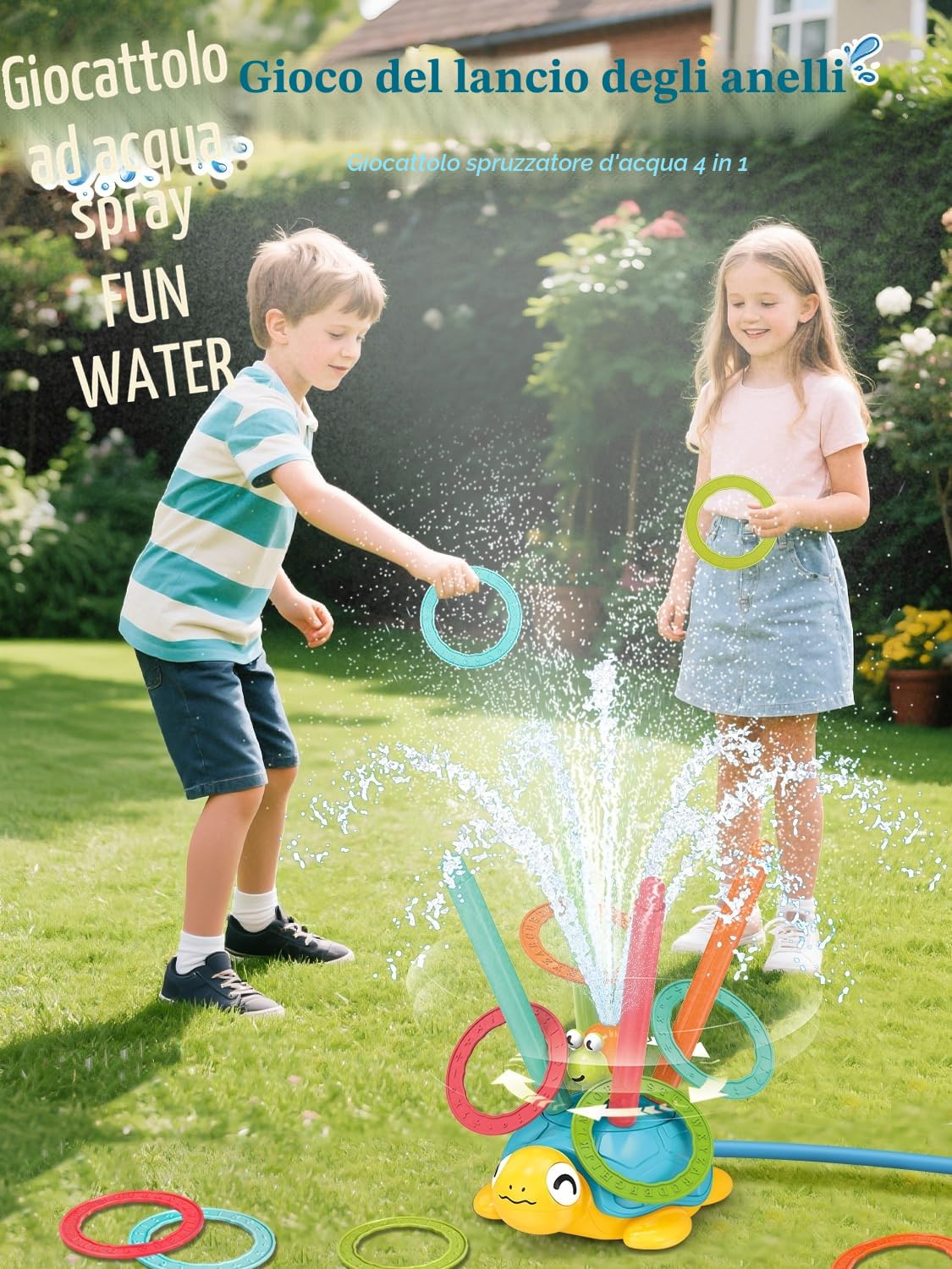 4 in 1 Giochi da Giardino per Bambini, Tartaruga Spruzzino Acqua da Giochi da Esterno, Gioco Lancio Anelli, Jump Challenge, Lanciatore di Baseball, Giochis Acqua Bambini 3 4 5 6 7 8 9 10 Anni