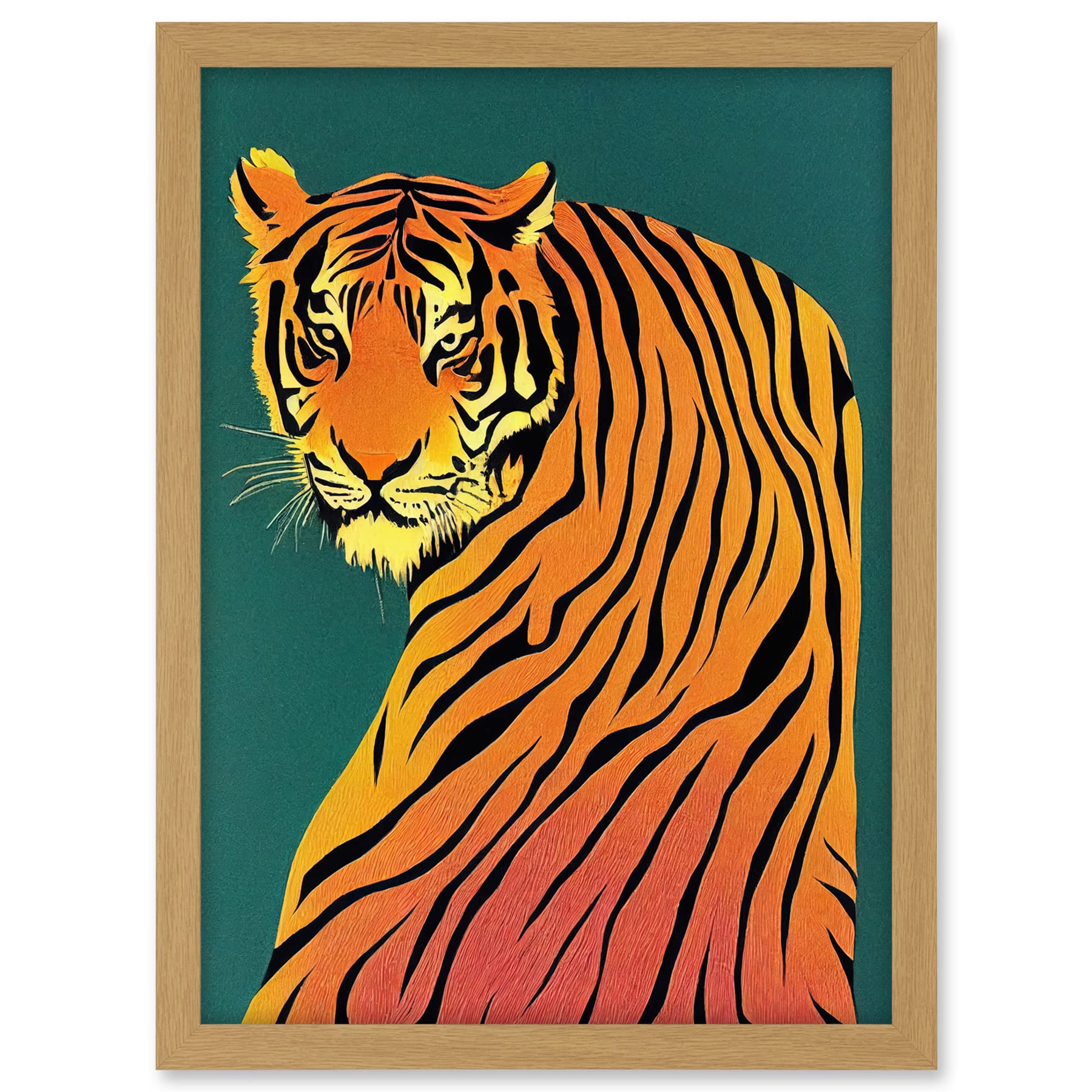 Wee Blue Coo Modern Tiger Portrait on Teal Orange Bold Artwork Framed A3 Wall Art Print