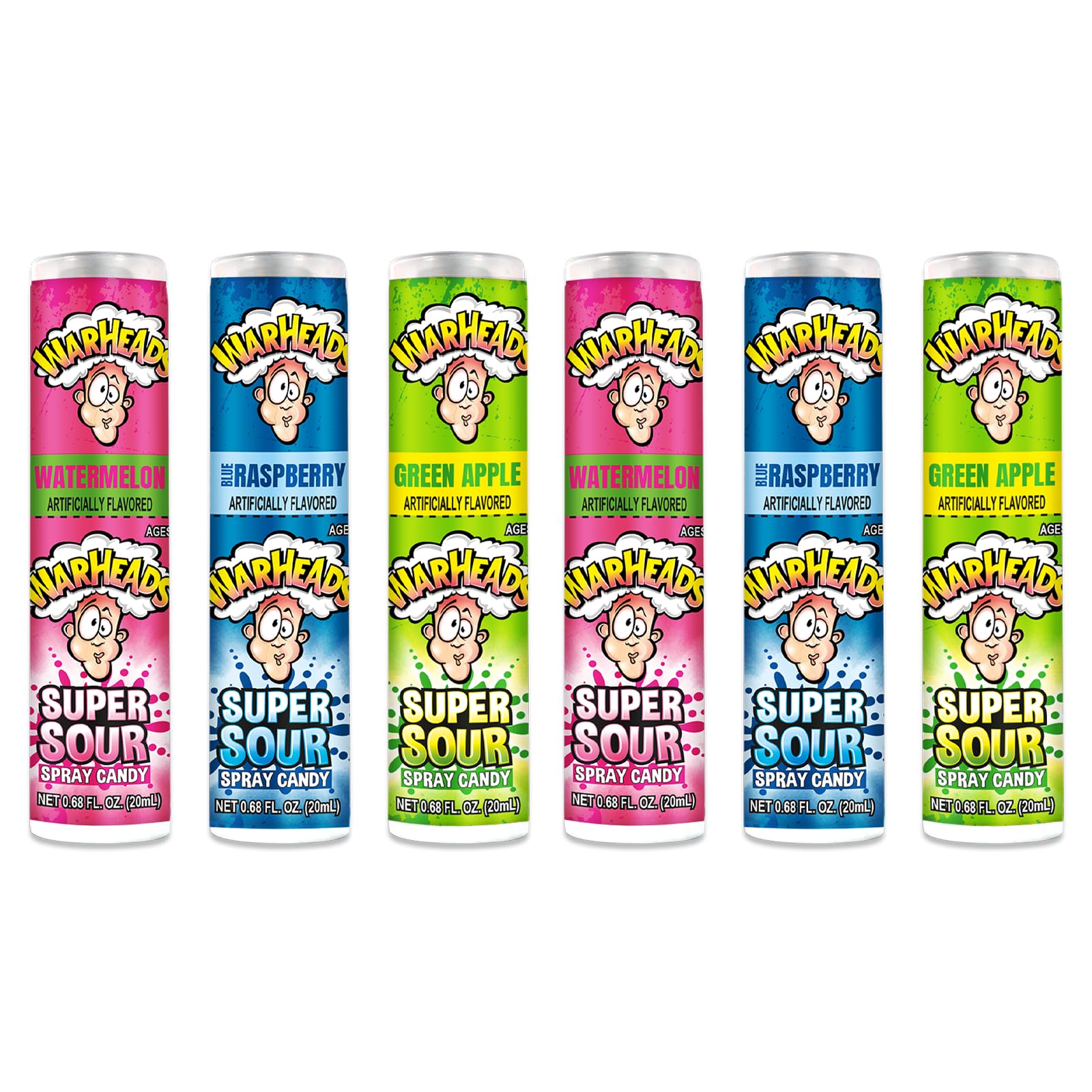 Super Sour Candy Spray - Blue Raspberry, Green Apple and Watermelon Flavors - 0.68 oz. Bottles - 6 Pack