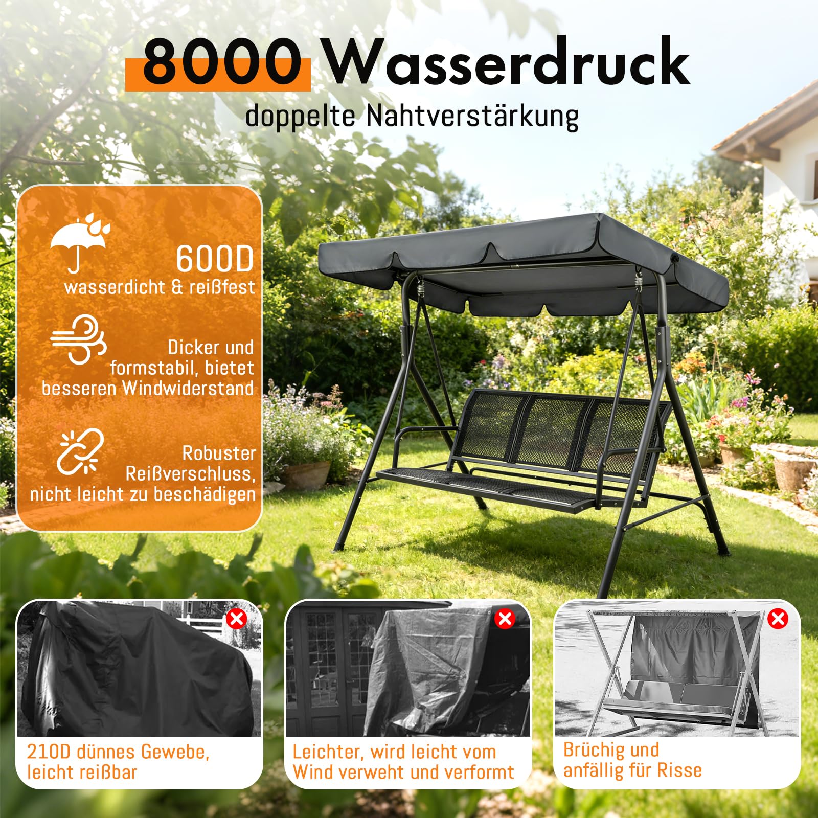 Hollywoodschaukel Dachbezug, 210 x 145 cm Universal Ersatzdach Gartenschaukel 3 Sitzer, Wetterbeständig Sonnendach für Gartenschaukel, UV-Schutz Sonnendach (210 x 145 cm)