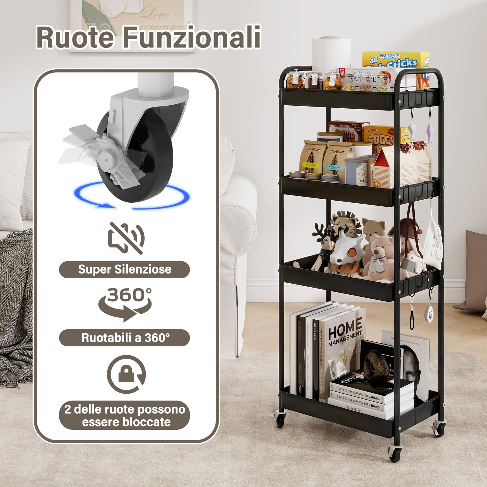 PUNCIA Carrello Portaoggetti a 4 Ripiani in Metallo, Carrello con Rotelle, Etagiera da Cucina con Ruote e Antiruggine, Facile da Pulire, Scaffale Mobile per Cucina, Soggiorno e Bagno (Nero)