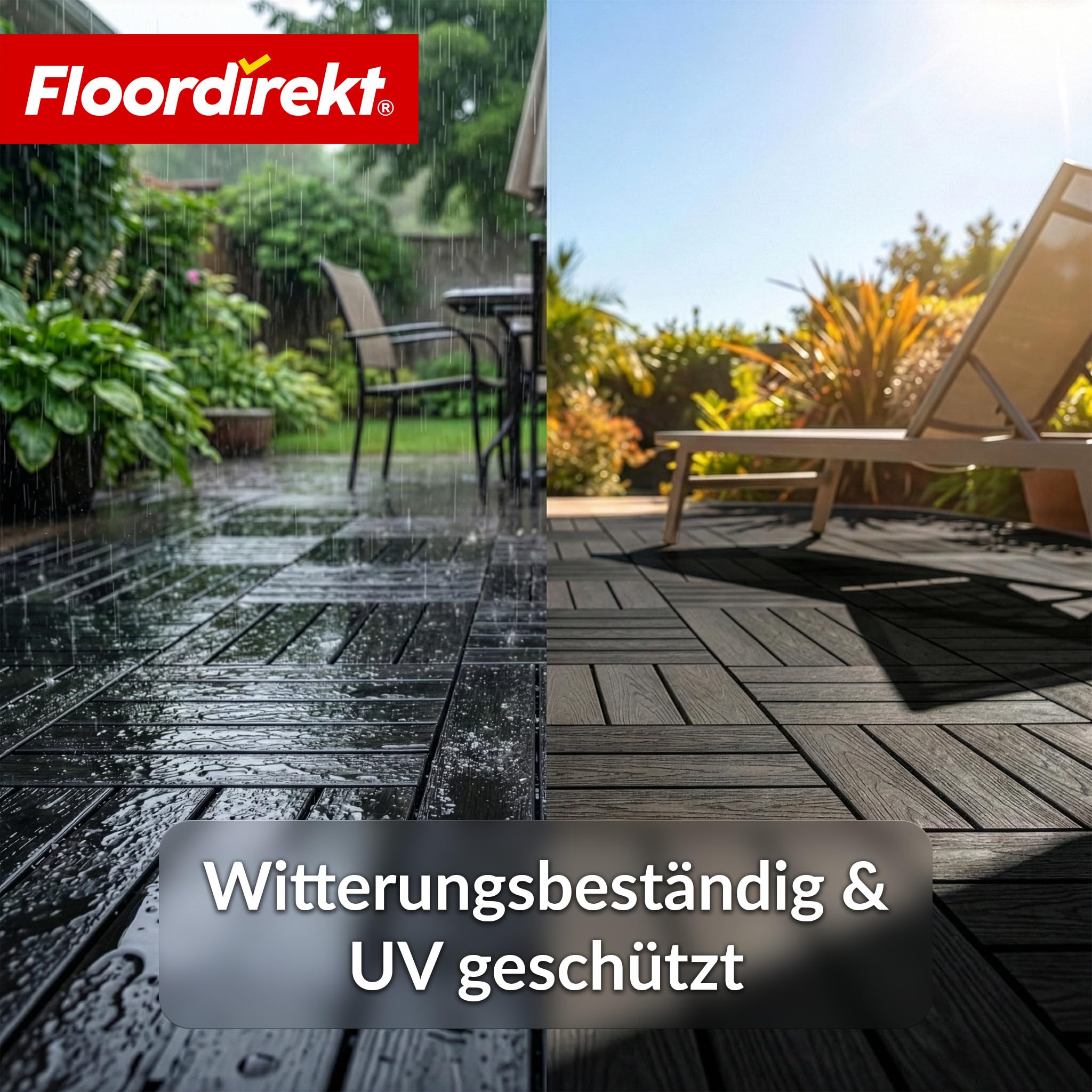 Floordirekt Płytki WPC 30 x 30 cm, 1 m² = 11 płytek tarasowych, płytek na klik, płytek balkonowych o wyglądzie drewna, wykładzina podłogowa na balkon i taras, odporna na warunki atmosferyczne, z