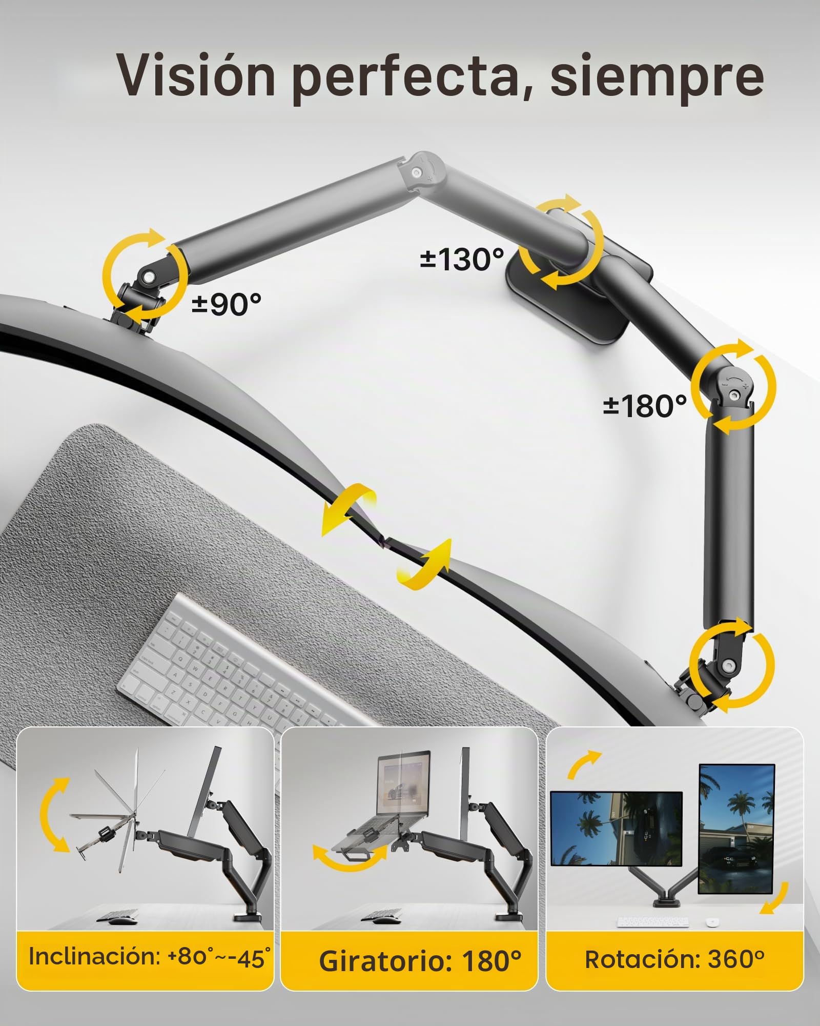 monTEK Brazo Soporte 2en1 Monitor 17-32" Portátil 12-18", VESA 75/100mm | Incluye abrazadera y pasacables de mesa, brazo ergonómico ajustable, montaje rápido, ahorra espacio para oficina y hogar
