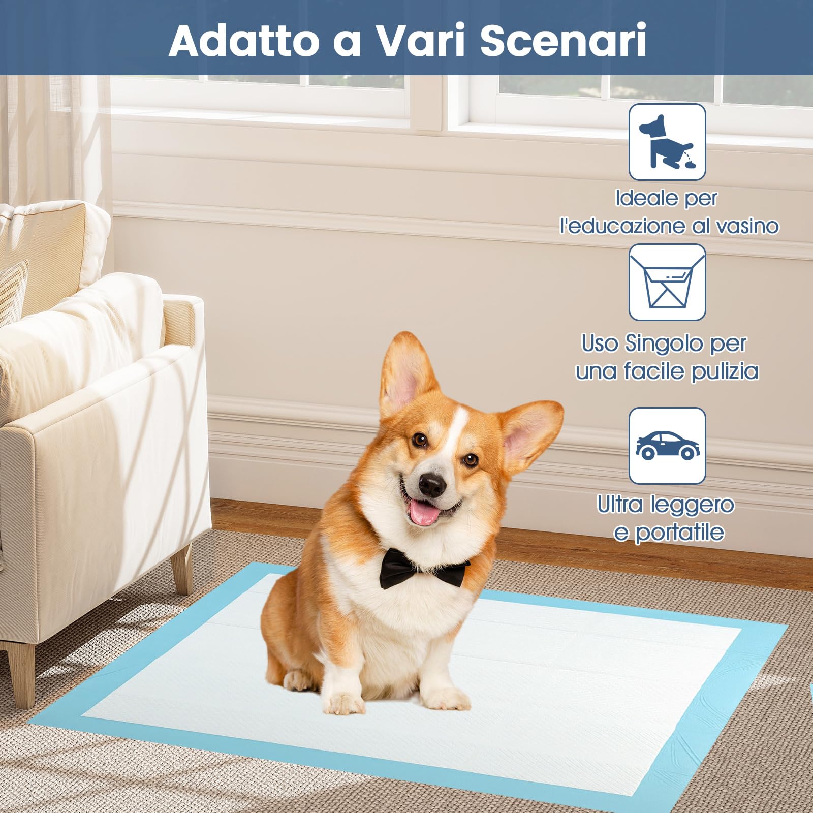 COSTWAY Tappetini Assorbenti per Cani, Tappetini da Interno ed Esterno per Animali Domestici a 6 Strati a Prova di Perdite, Asciugatura Rapida, Monouso per Urine, per Cagnolini (90 x 60 cm)