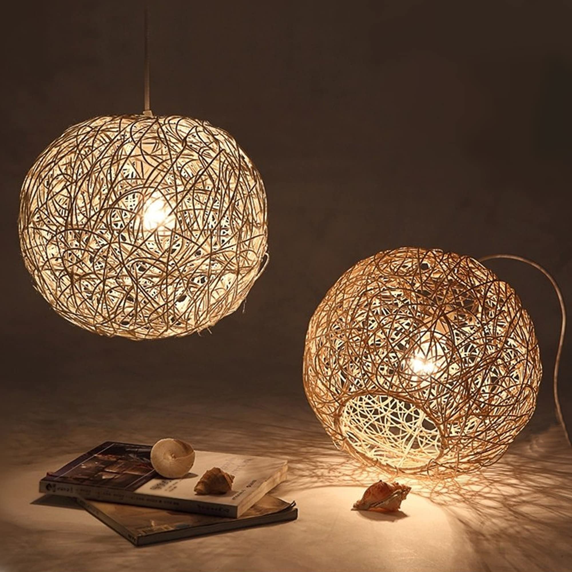 Hanging Swag Ceiling Lamp Twine Natural Rattan Lampshade No Wiring