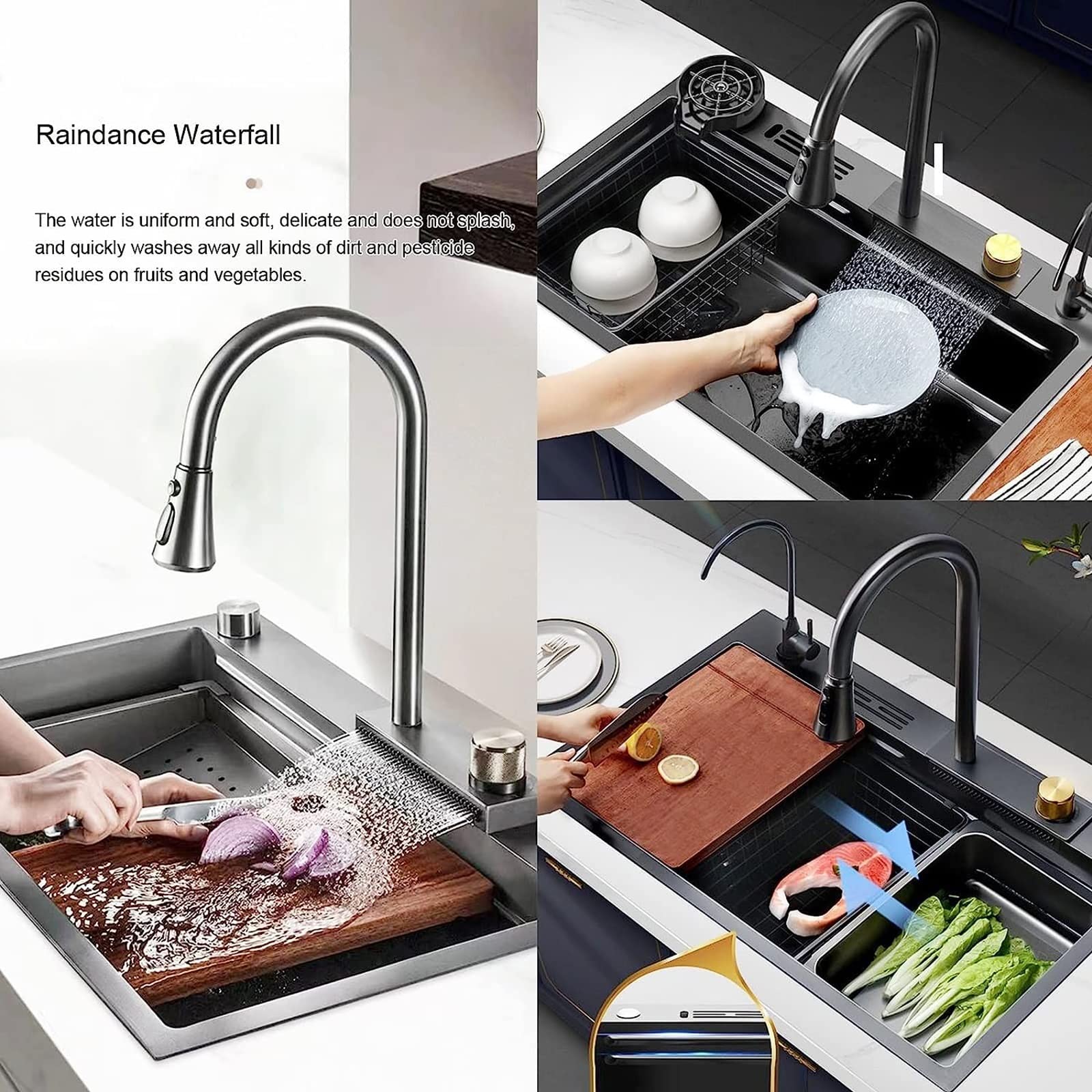 Lavello da Cucina A Vasca Singola Nero 304 Lavello a Cascata in Acciaio Inox lavastoviglie Lavello Singolo con rubinetto estraibile, tagliere, rondella della tazza E Componenti di Drenaggio ( Size : 6