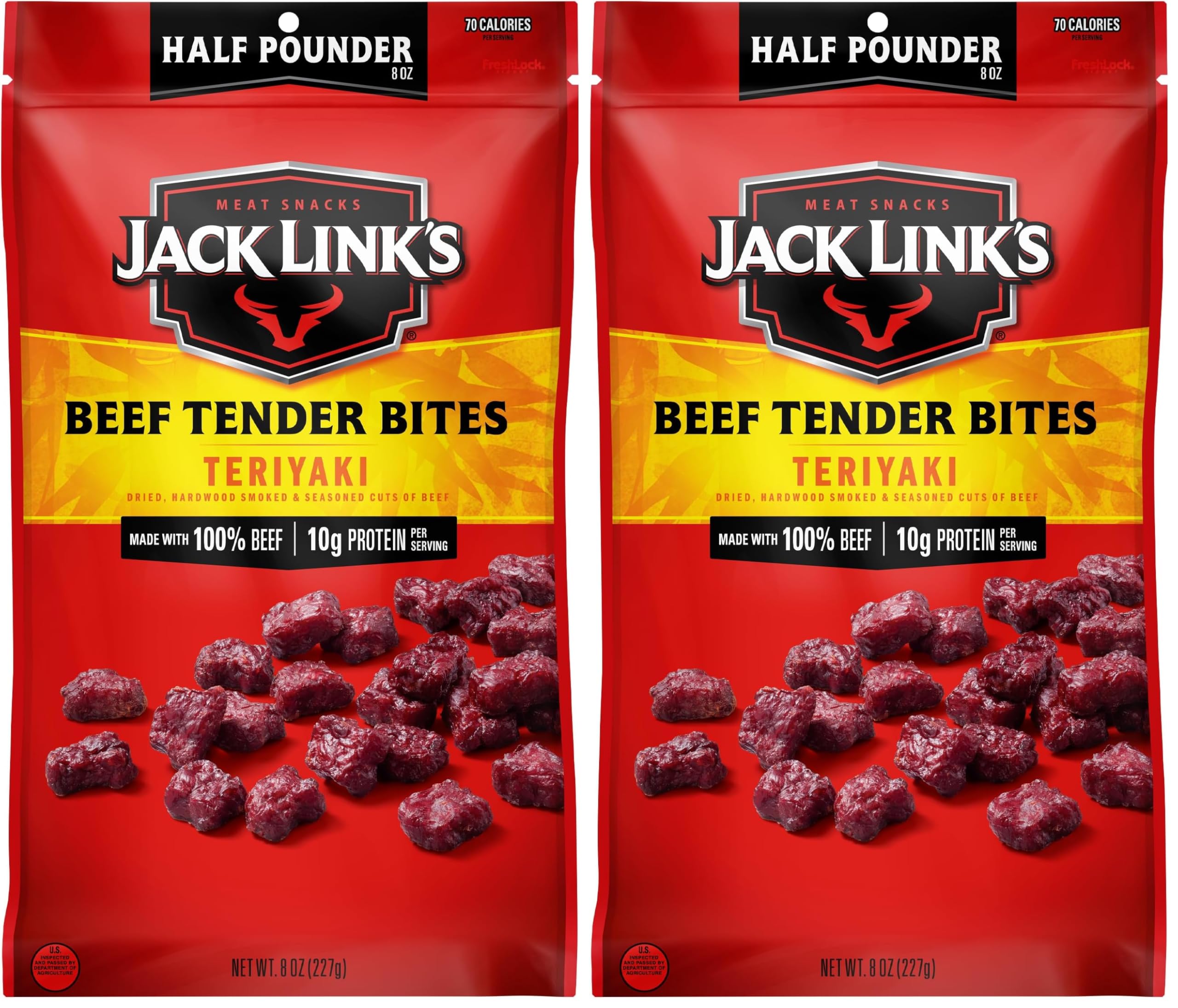 Jack Link's Beef Tender Bites, Teriyaki, Half Pounder Bag - Flavorful Meat Protein Snacks for Lunches, 10g of Protein and 70 Calories per Serving, Made with 100% Beef (Pack of 2)