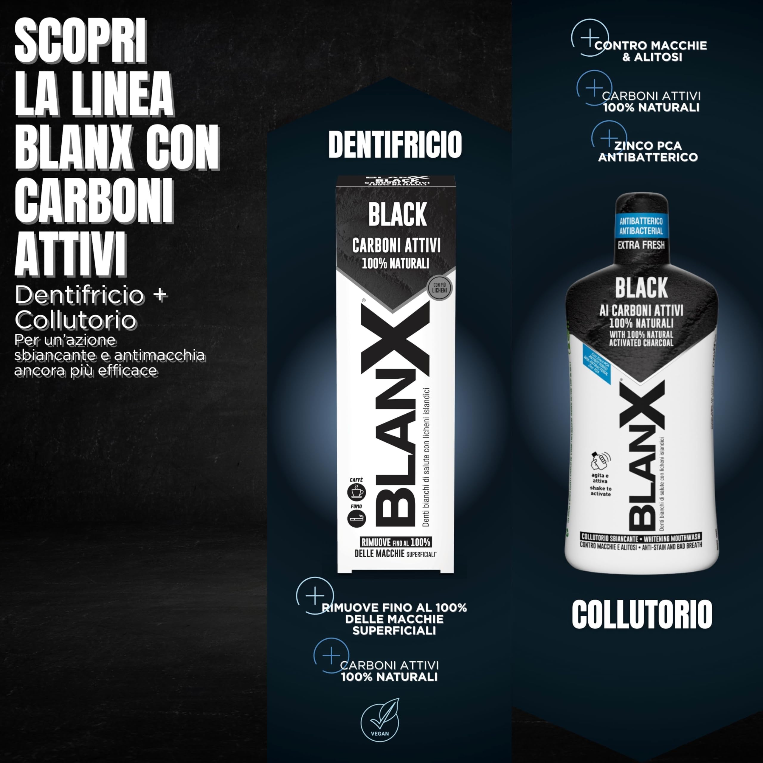 Blanx, Collutorio Sbiancante Black, per Igiene Orale, Colluttorio Antimacchia e Sbiancante, con Licheni Artici naturali, Zinco PCA e Carboni Attivi 100% Naturali, Ripara-Smalto, Formato 500 ml