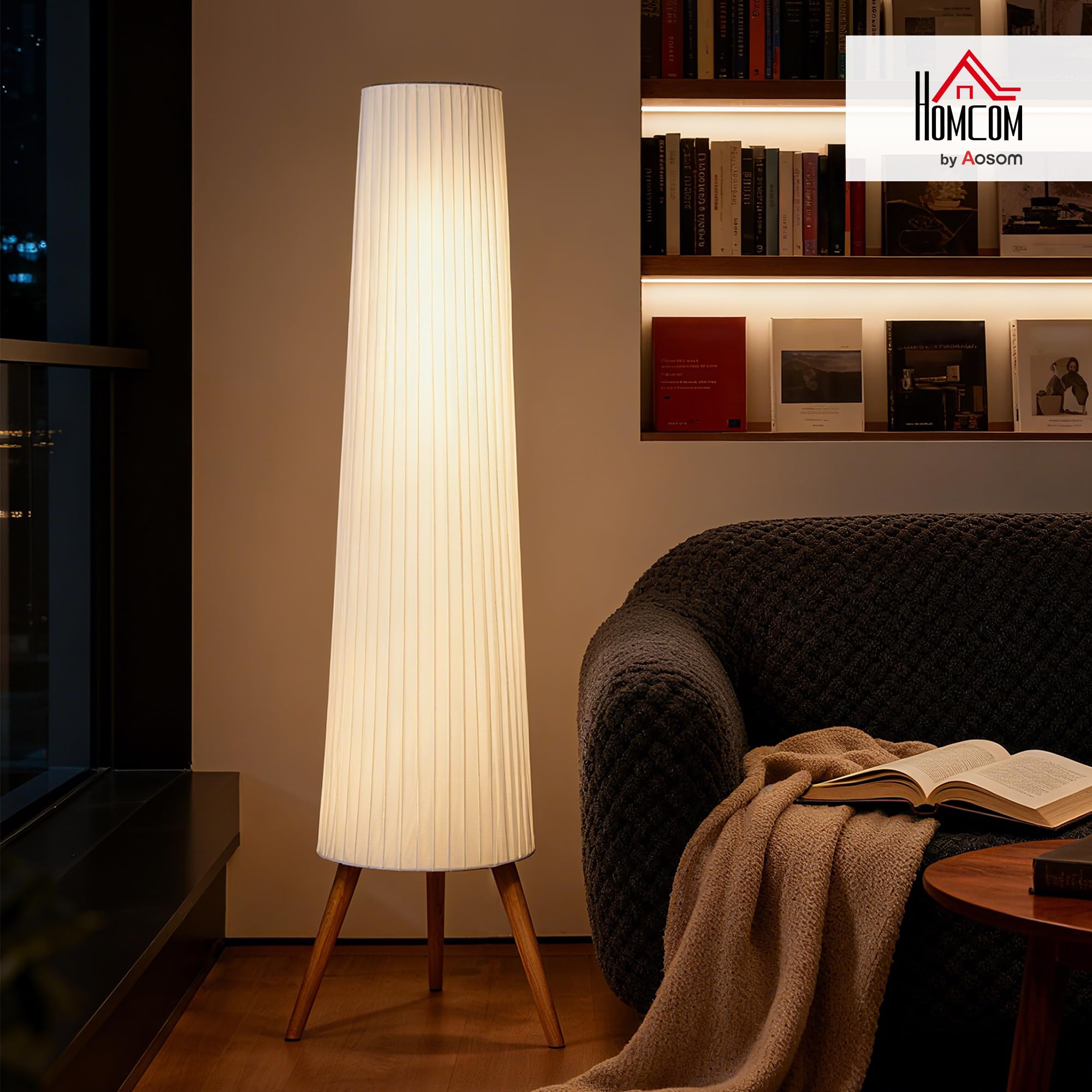 HOMCOM Lampada da Terra Treppiede con Interruttore a Pedale, Lampada a Pavimento con Luminosità Regolabile, Paralume in Tessuto e Gambe in Legno, per Salotto e Soggiorno, 46x46x153 cm, Bianco