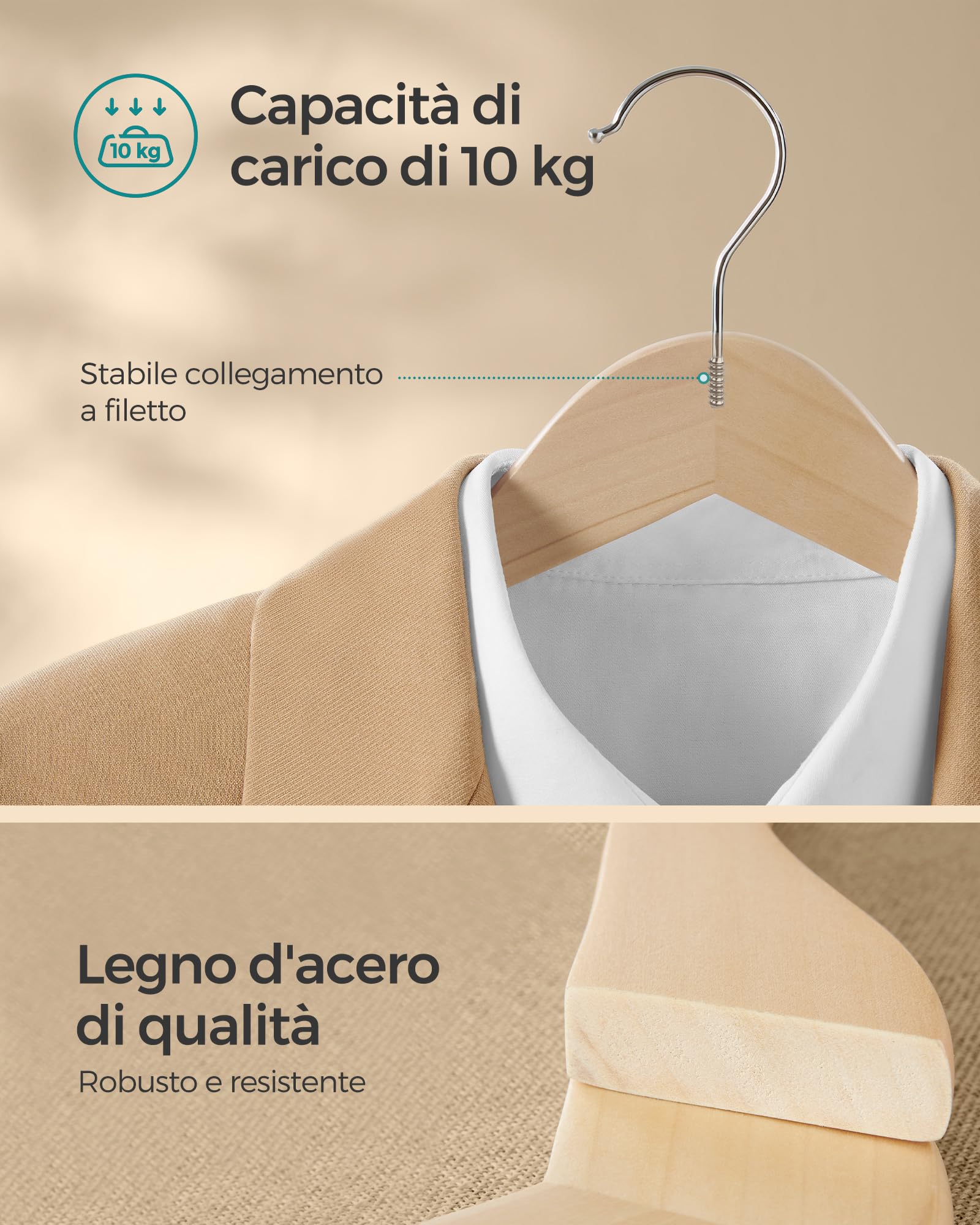 Set 48 Grucce In Legno SONGMICS - Appendiabiti Con Gancio Girevole E Barra Pantaloni, Beige - Foto 6