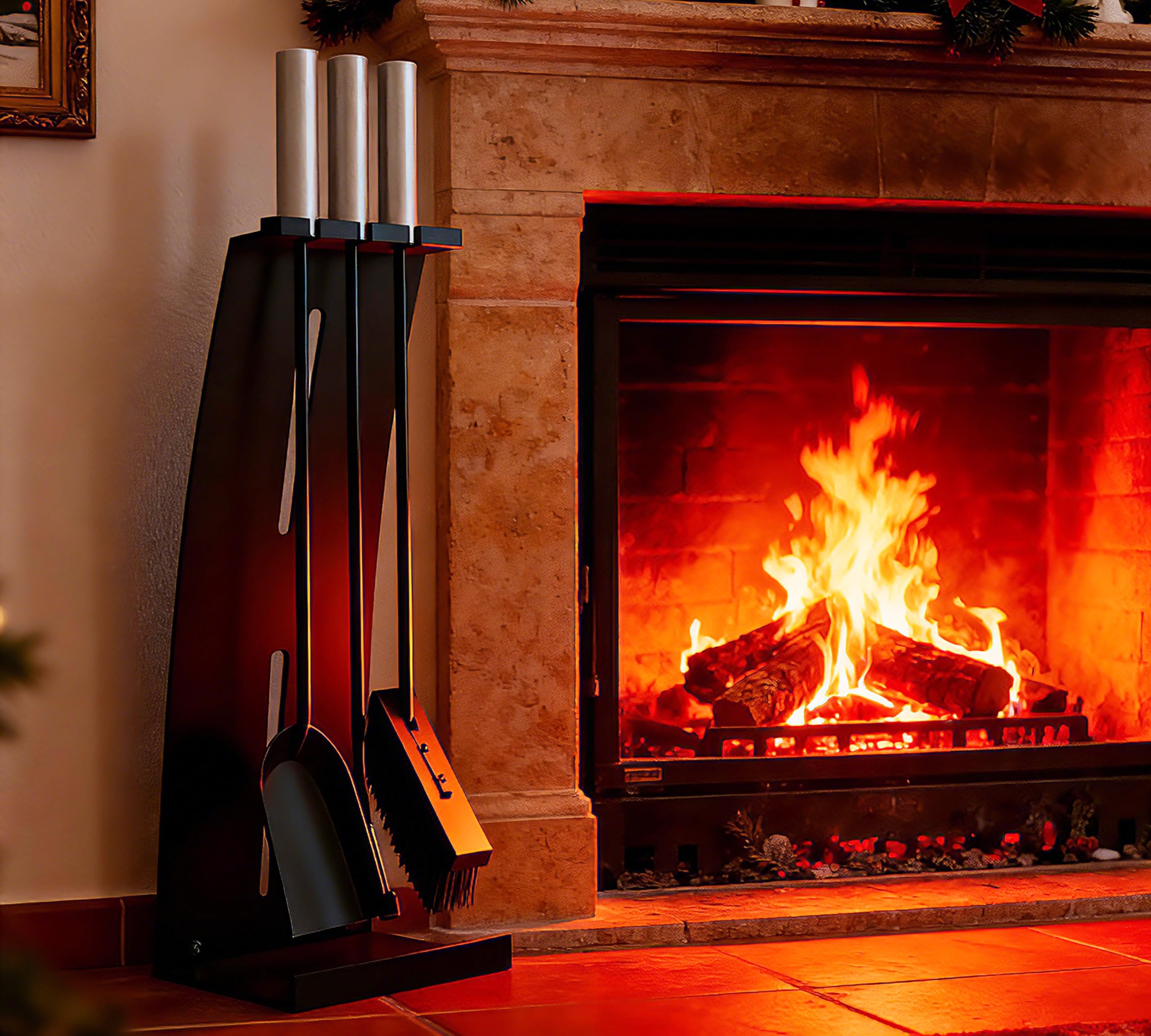 Kingson - Juego de 4 utensilios para chimenea con mangos de acero inoxidable – Juego moderno de accesorios para chimenea con soporte – Altura de 54,5 cm