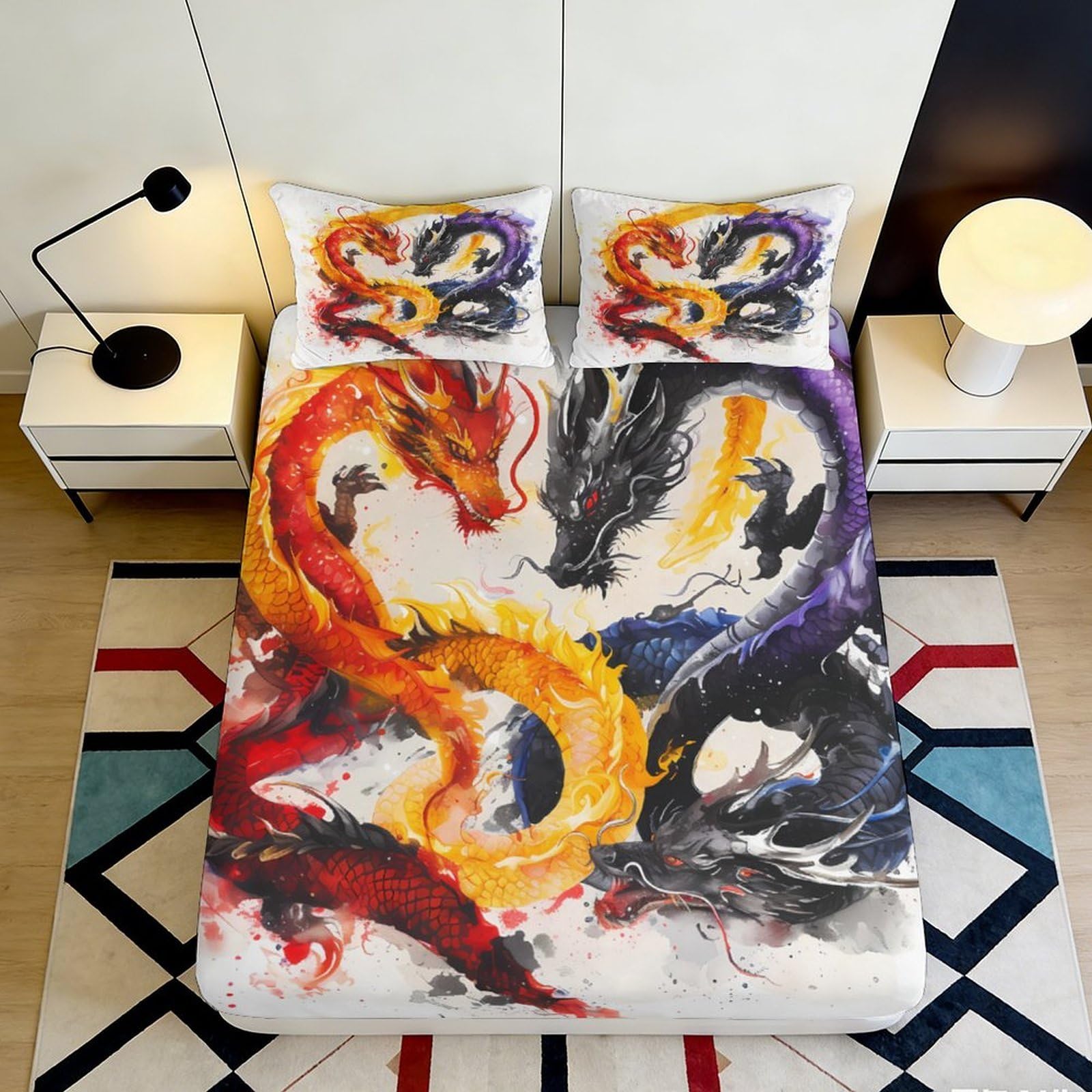 3D Printed Multicolor Dragon Fitted Sheet Microfiber Soft Breathable Asian Art Bed Cover for Bedroom Dorm Decor 90x200x25cm