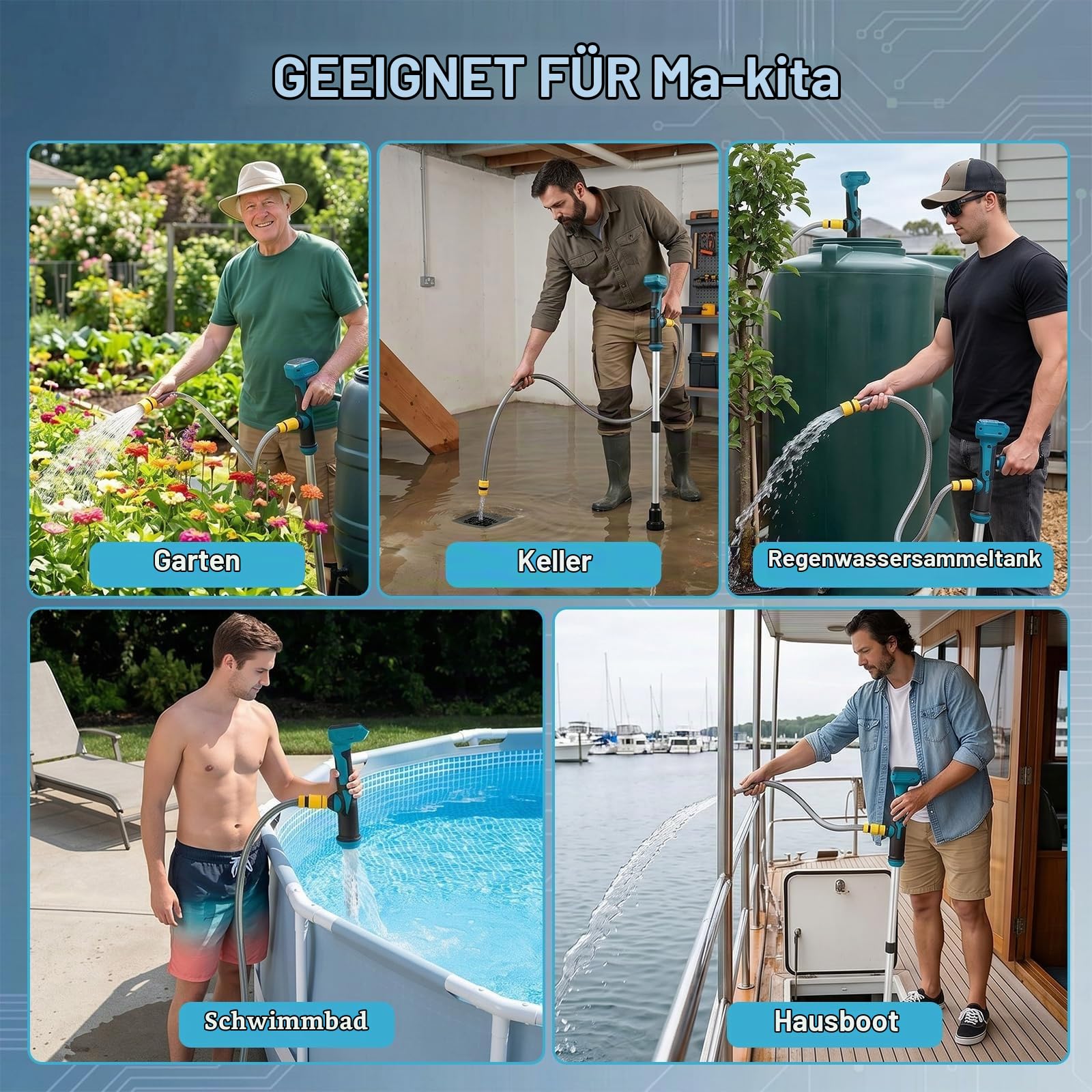 Akku Regenfasspumpe Wasserpumpe Kompatibel mit Makita Akku 18V | Kabellose Stab-Wassertransferpumpe, Tragbare Elektrische Wasserpumpe 3600 l/h, Förderhöhe 3 m für Pool/Gärten(no Akku)