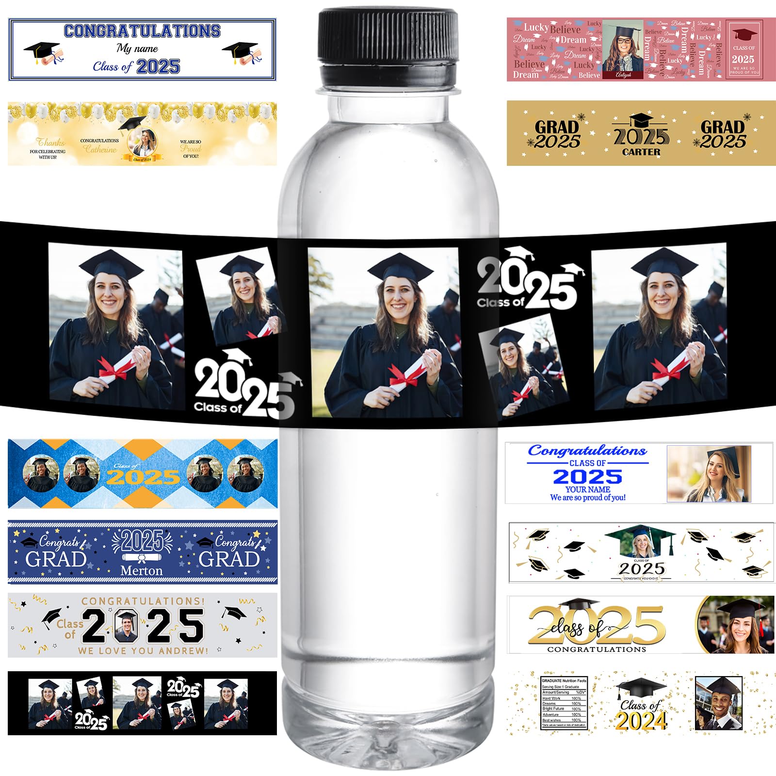 Up to 300 Personalized Water Bottle Labels for Graduation Custom Class of 2025 Label with Photo Customize Waterproof Water Bottles Stickers Wrapper