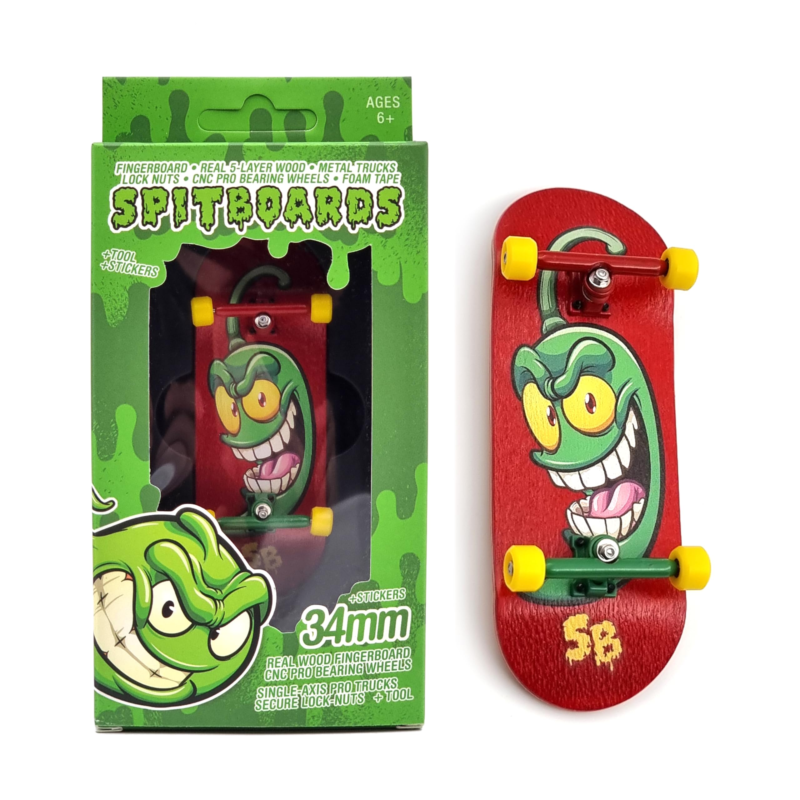 SPITBOARDS Jeu de touches Pro 34 mm x 96 mm (complet) | Plateau en bois véritable | Trucks et bagues professionnels | Roues en polyuréthane avec roulements | Vert