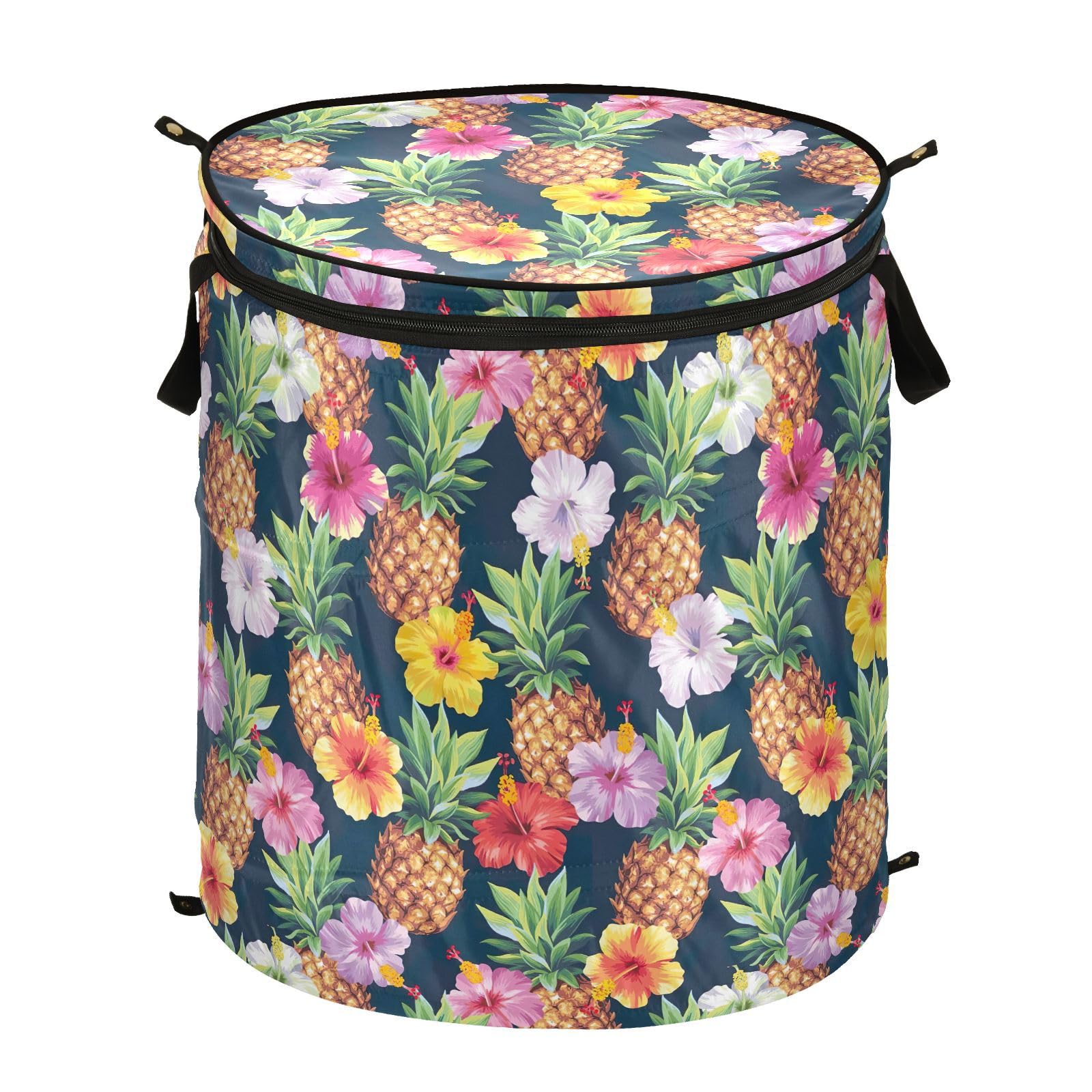 Hawaiian Pineapples and Hibiscus Flowers Foldable Basket for Laundry, Laundry Hamper Lightweight, Travel Laundry Bag Pop up