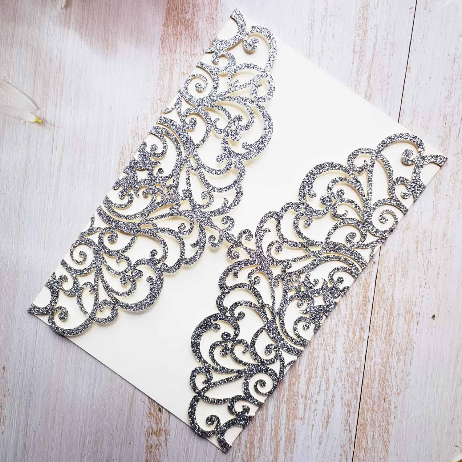 50PCS 5x7.3 Inch Silver Wedding Invitation Laser Cut Hollow Floral Blank Invitations Cards with Envelopes For Quinceañera Sweet 16 Birthday Wedding Invitation (Silver Glitter)