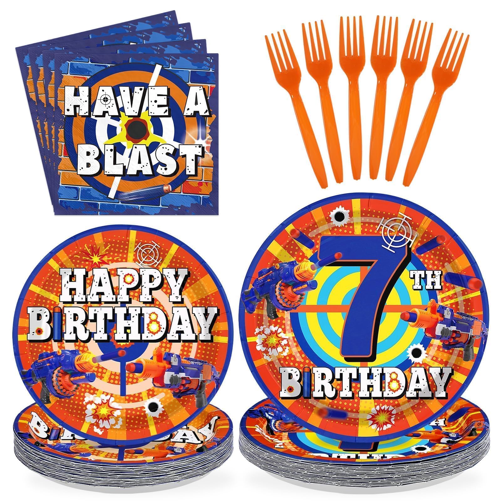 96Pcs Dart War 7th Birthday Party Supplies Dart War Theme Plates and Napkins Blue and Orange Gun Tableware Set for Kids Boys' Birthday Baby Shower Party Decoration Serves 24