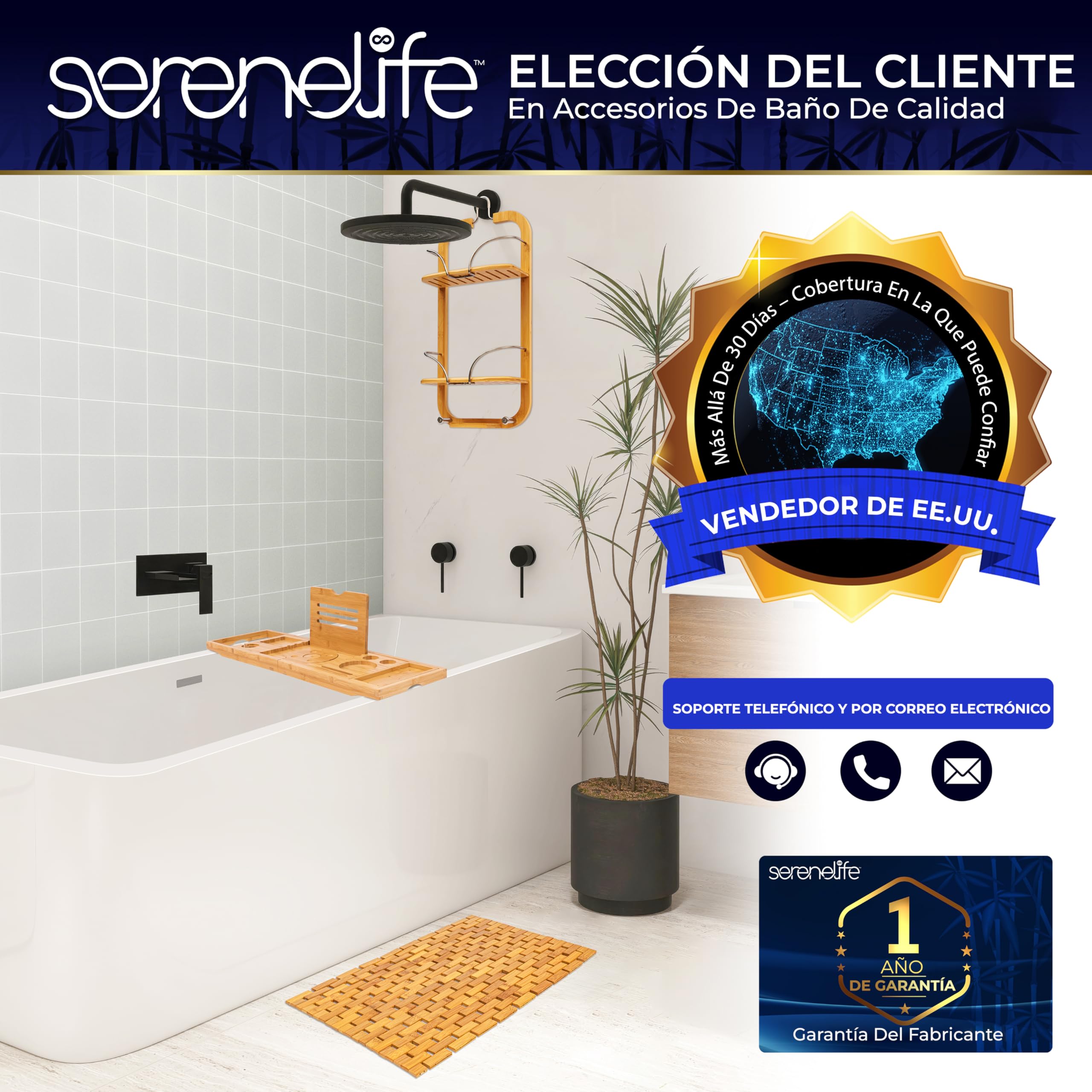 SereneLife Organizador de Ducha Colgante, Bambú con 3 Niveles, Antideslizante, Autodrenantes para una Organización Fácil