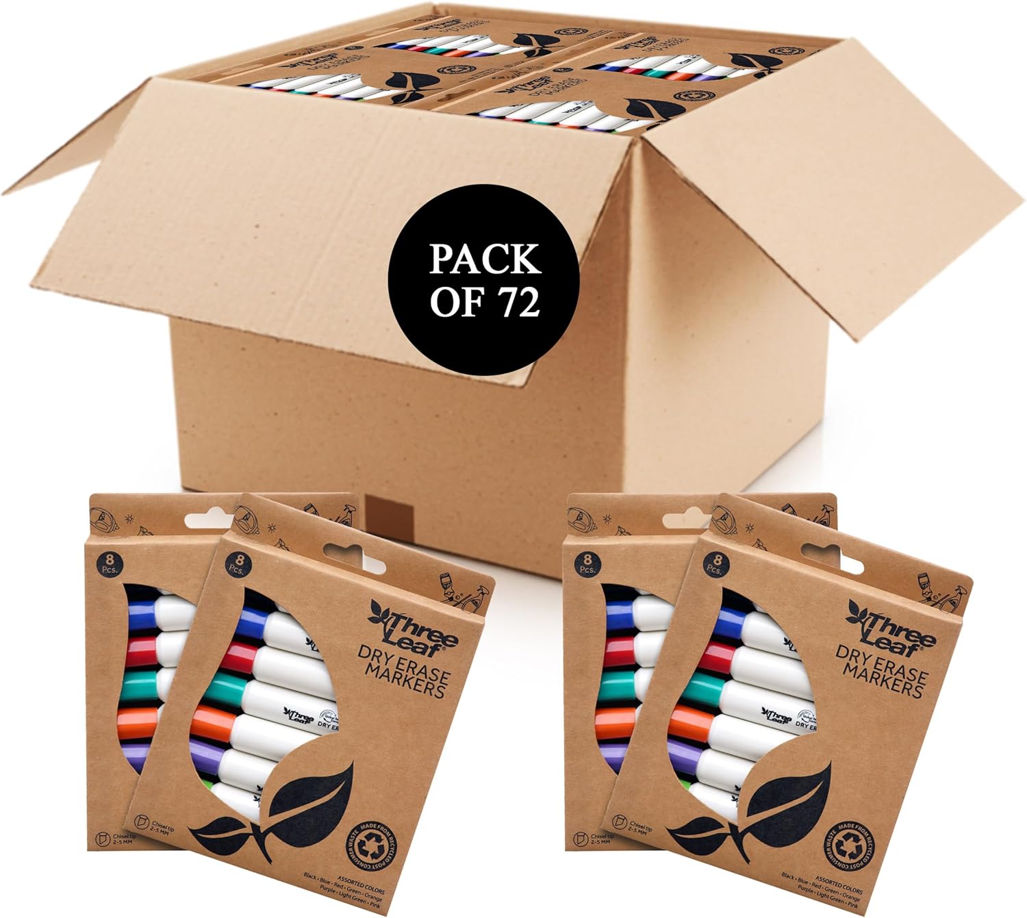 three leaf Dry Erase Marker 8 Ct., Pack Of 72, Assorted Color, Chisel Tip, Dry-Erase Marker for Boards,Mirrors,Calender,School Office Supplies, Markers for Classroom.
