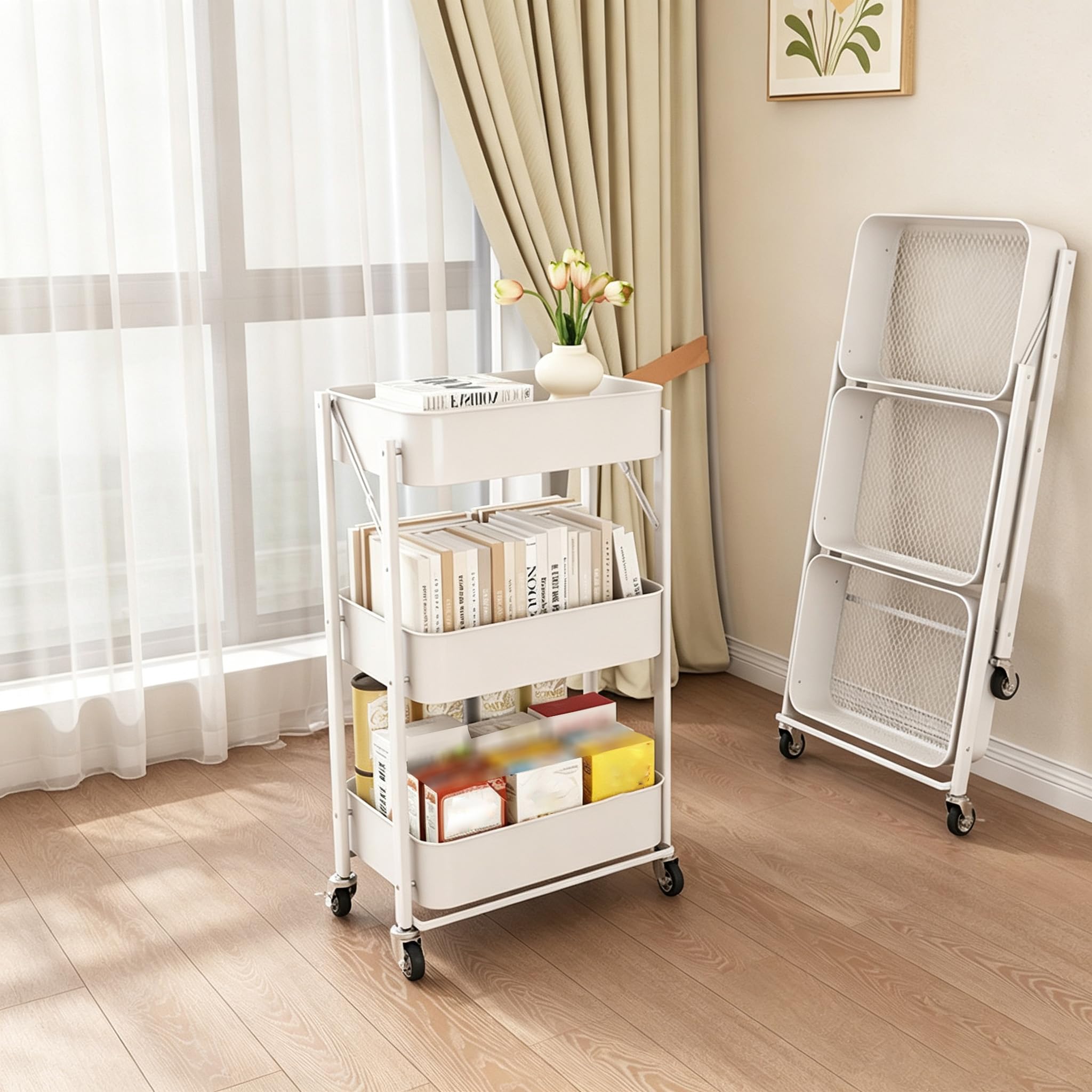 3-Tier Trolley On Wheels, Space-Saving Metal Foldable Bathroom Trolley