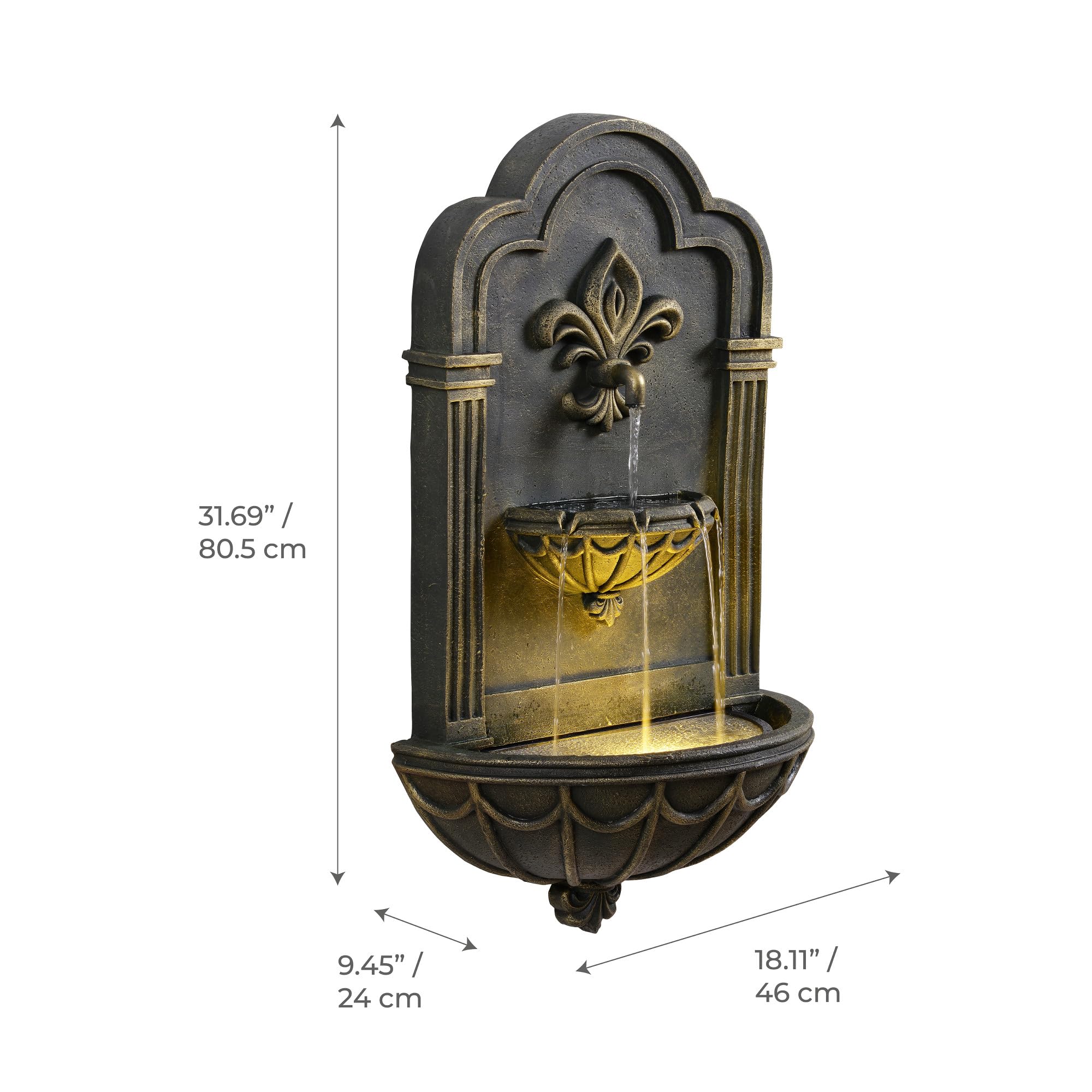 Teamson Home Fleur-de-Lis Wandbrunnen Outdoor 80 cm mit integrierter LED Beleuchtung und dekorativem Schwarz-Gold Finish