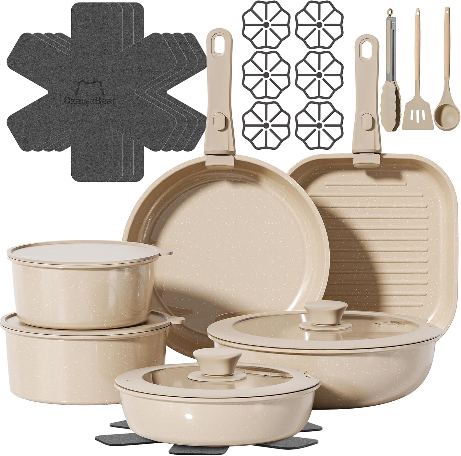 10 Pcs Pots and Pans Set Non Stick, Ceramic Cookware Set Non Toxic with Detachable Handles, Healthy Induction Cookware Oven Safe RV Kitchen Set, PFAS PFOA & PTFE Free, Taupe