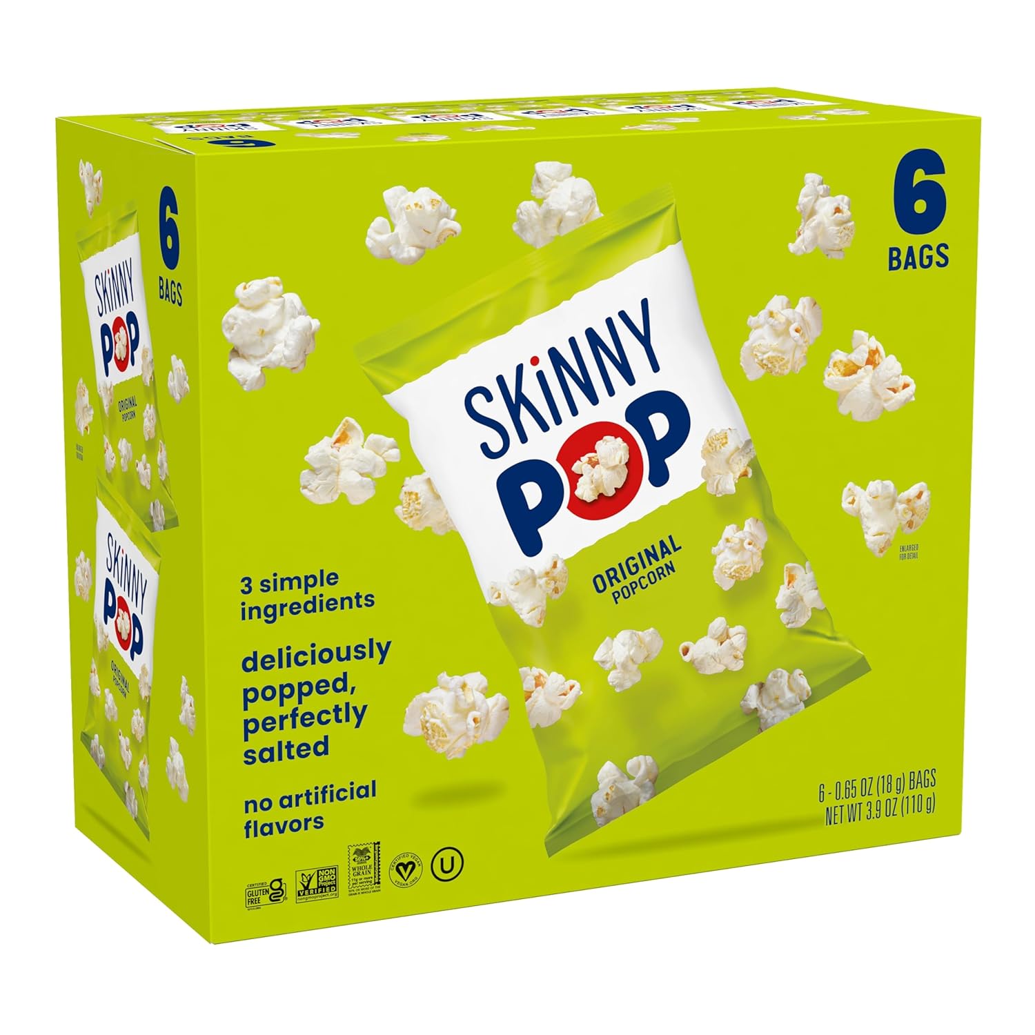 SkinnyPop Popcorn, Original, Gluten Free, Non-GMO, 0.65oz Individual Size Snack Bags, 6 Boxes (6 Bags per Pack)