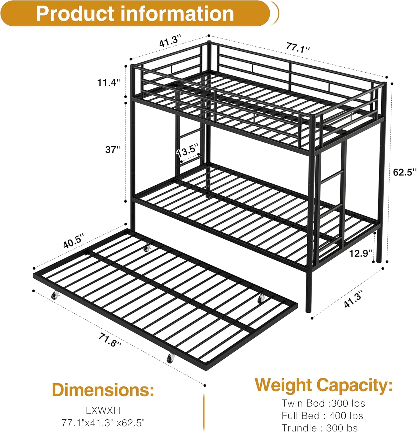 Nuturelly Metal Bunk Bed Twin Over Twin with Trundle, Heavy Duty Steel Frame Bunk Bed Frame with Safety Guardrails & Ladder, Space Saving 3 Beds for Kids, Teens, Dorm, Black