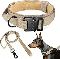 Coleira e guia táticas para cães, coleira de nylon para treinamento ajustável com alça de controle para cães de médio e grande porte para treinamento diário e caminhadas(M/Bege/Com Guia)