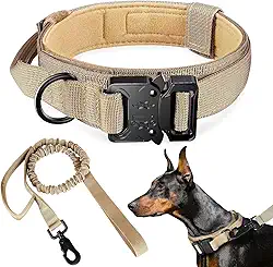 Coleira e guia táticas para cães, coleira de nylon para treinamento ajustável com alça de controle para cães de médio e grande porte para treinamento diário e caminhadas（M/Bege/Com Guia）