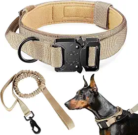 Coleira e guia táticas para cães, coleira de nylon para treinamento ajustável com alça de controle para cães de médio e grande porte para treinamento diário e caminhadas（M/Bege/Com Guia）