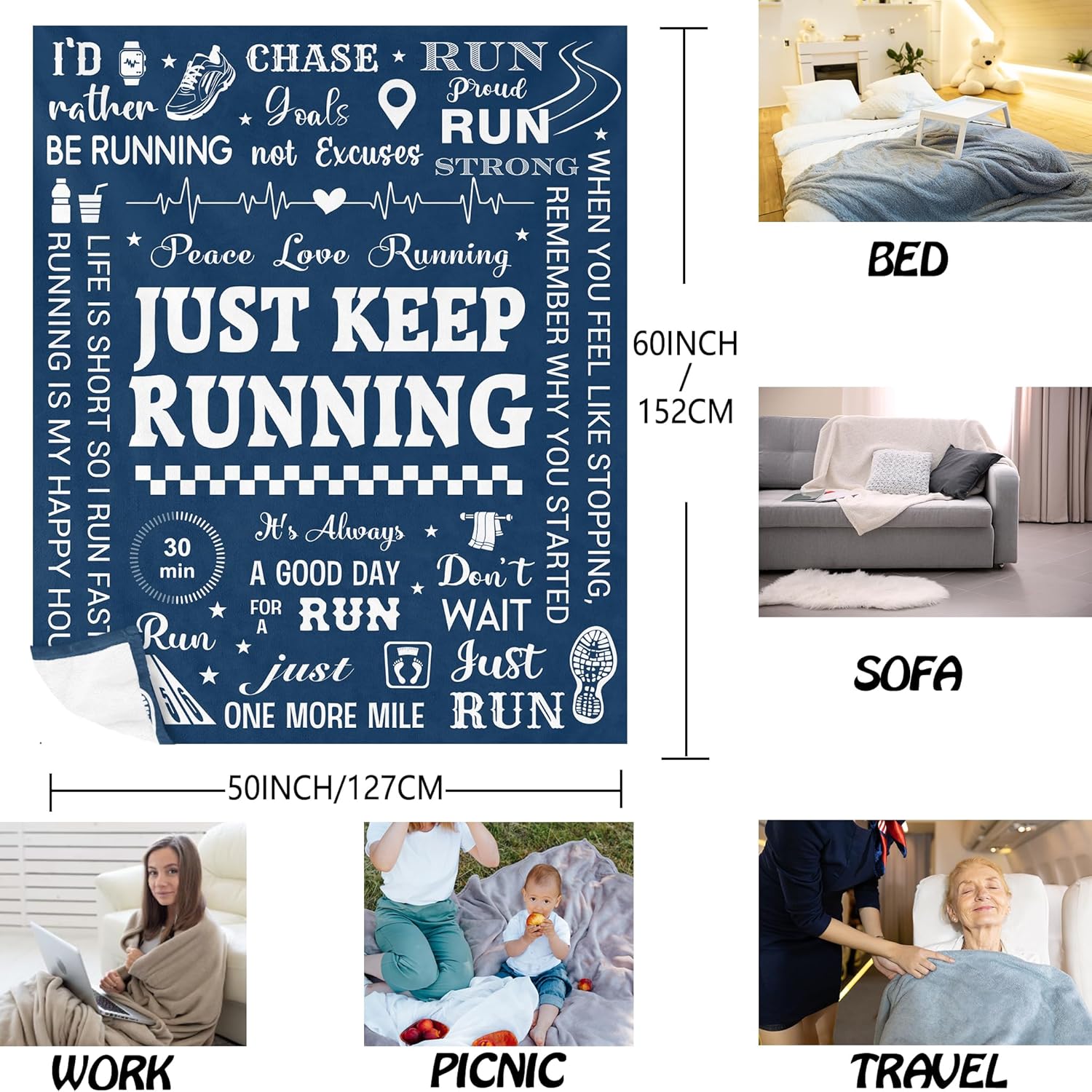 QOJUYO Gifts for Runners, Cool Marathon Runner Gifts, Running Gifts for Women/Men, Running Blanket 60"x50"