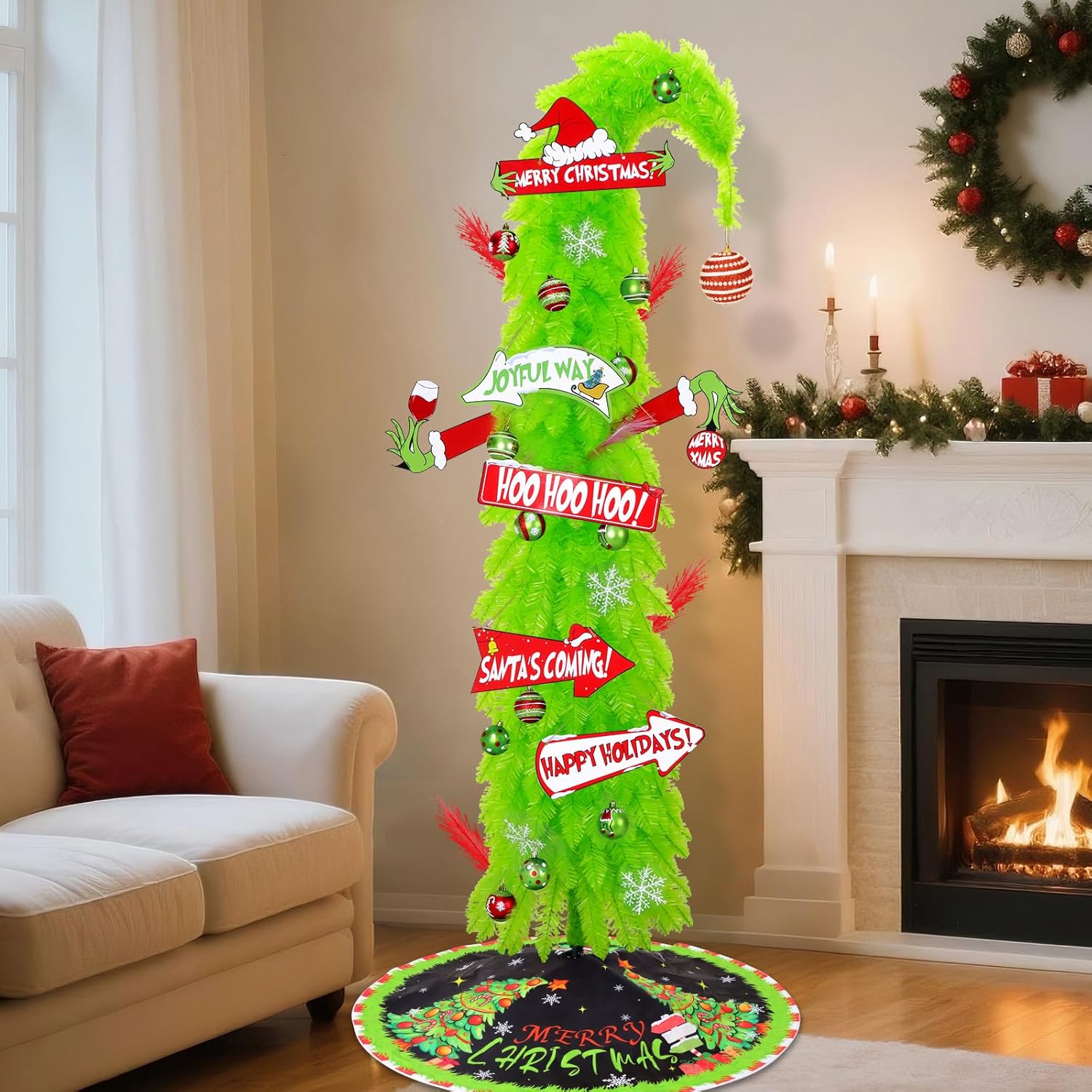 Christmas Tree 6 Ft, Artificial Whimsical Christmas Tree Lime Green Christmas Decoration, Bendable Xmas Tree for Holiday Home Office, Easy Assembly