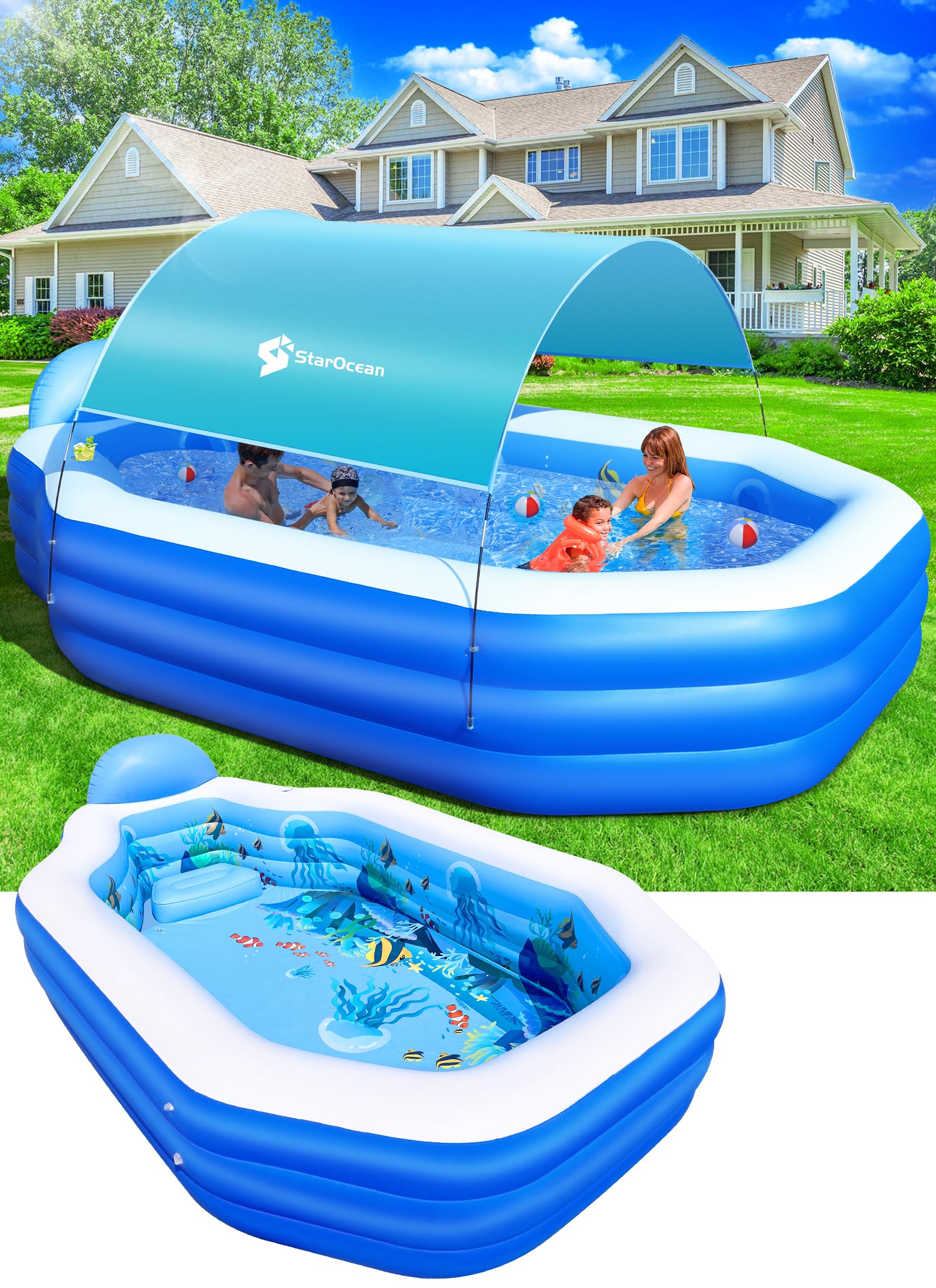 StarOcean Piscina inflable con toldo, piscina inflable grande 2024 para niños, adultos, piscina inflable con asientos, respaldo. Piscina familiar inflable duradera de 120 x 71 x 22 pulgadas para patio