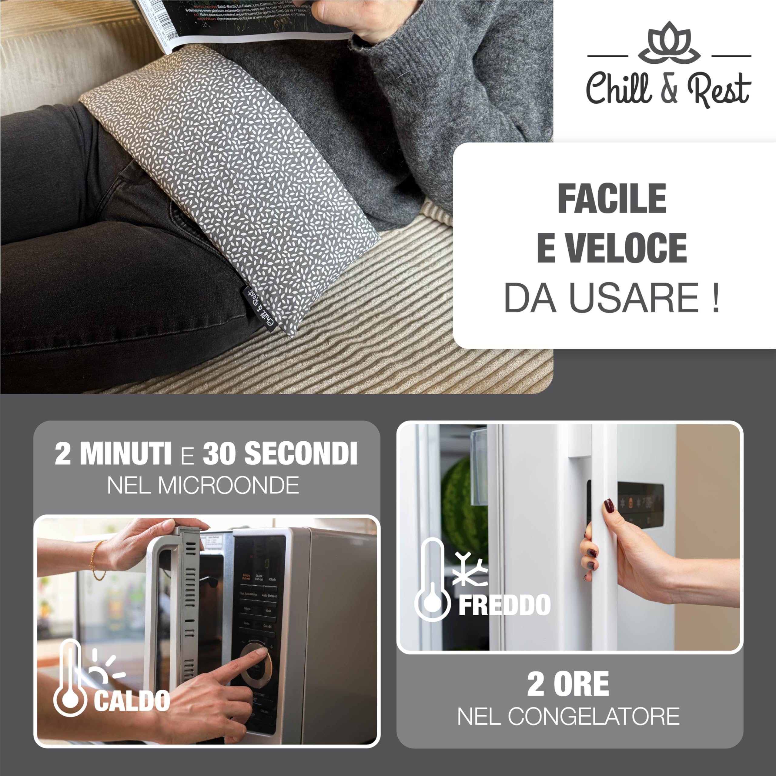 Chill&Rest - Cuscino termico microonde - cuscino riscaldante cervicale - semi di lino - cuscino riscaldabile - dolore cervicale - termoforo lombare - Grigio - La Anthracite
