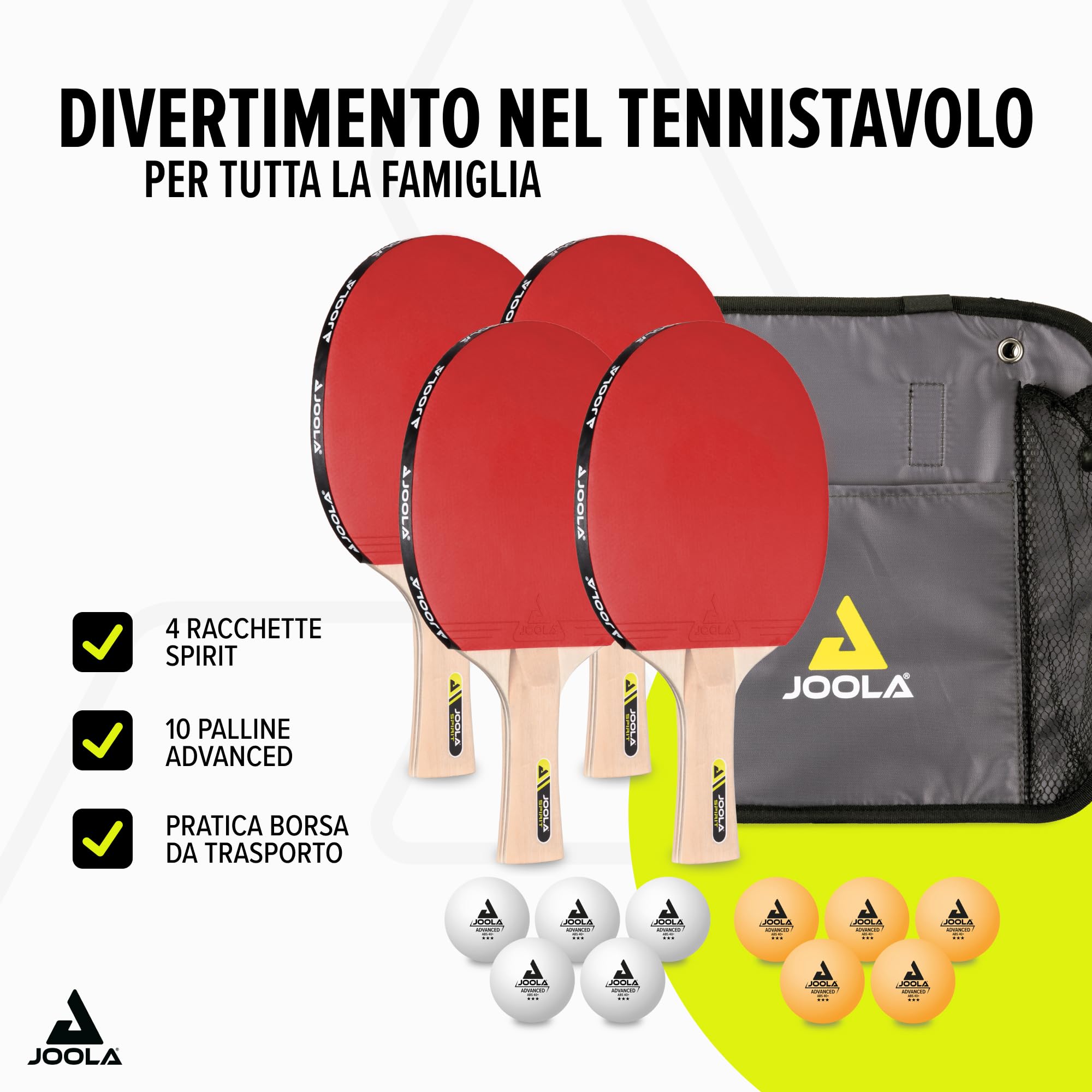 JOOLA Set da Ping Pong Family, Set da Ping Pong con 4 Racchette da Ping Pong, Palline da Ping Pong e Borsa da Trasporto