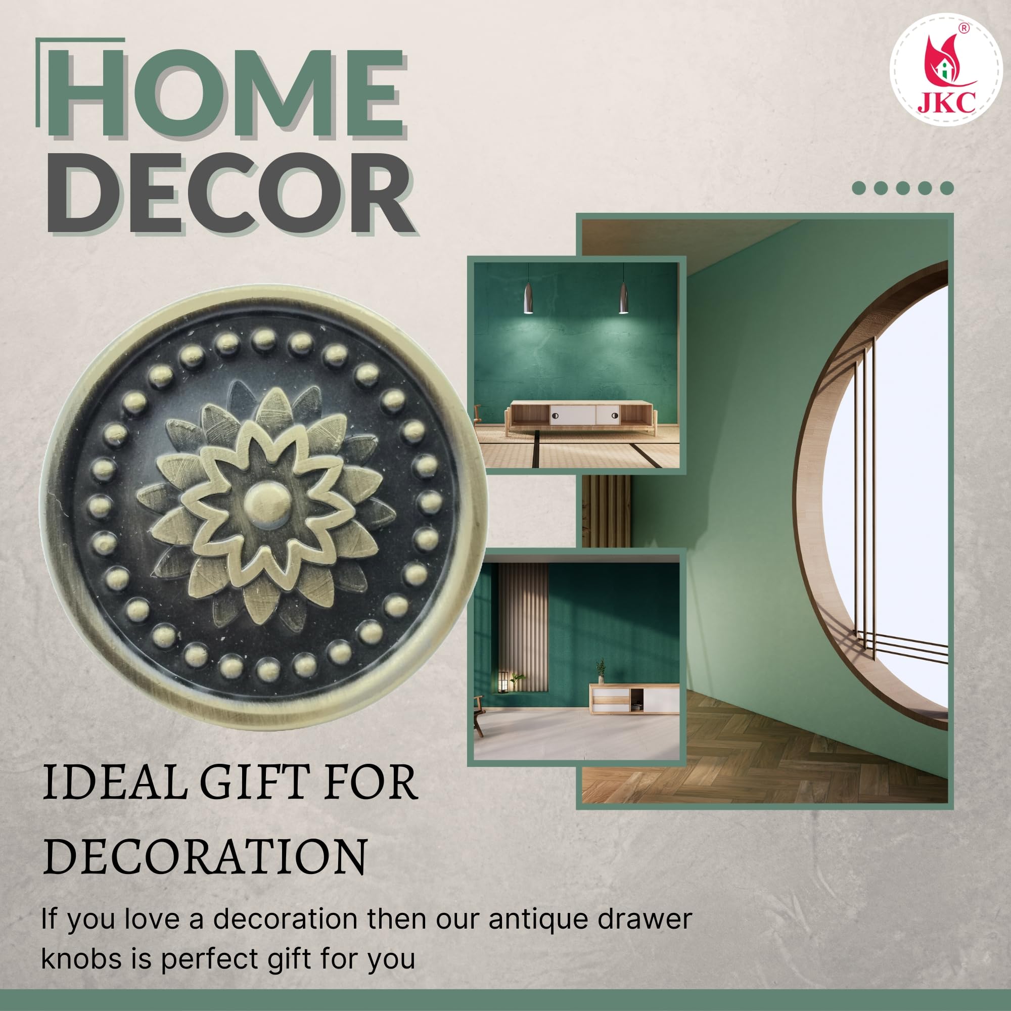 JKC Antique Brass Finish Rajwadi Design Cabinet Knobs, Multipurpose Door Handles for Wardrobe, Eye Catching Drawer Knobs, Knobs for Cabinets (Pack of 4) 2